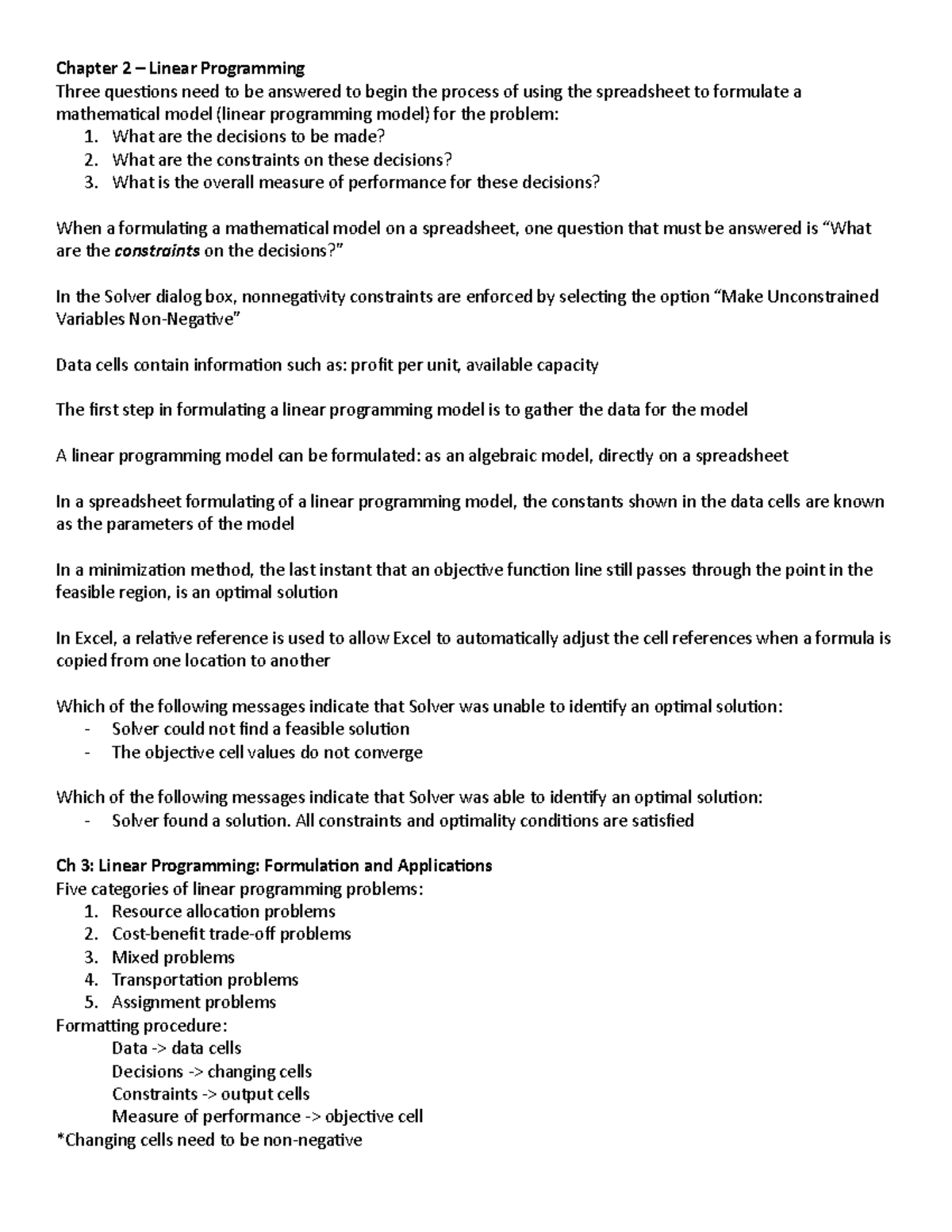 QMB6616 Midterm copy - Chapter 2 – Linear Programming Three questions ...