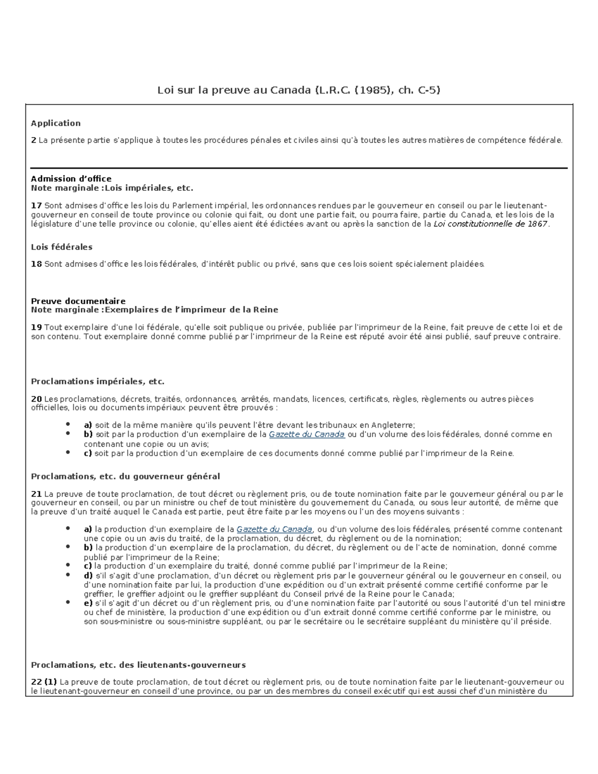 Loi sur la preuve au Canada - R. (1985), ch. C-5) Application 2 La ...