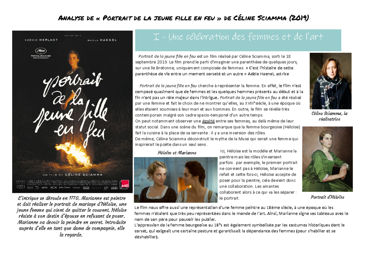 Analyse portrait de la jeune fille en feu Analyse de « Portrait de la