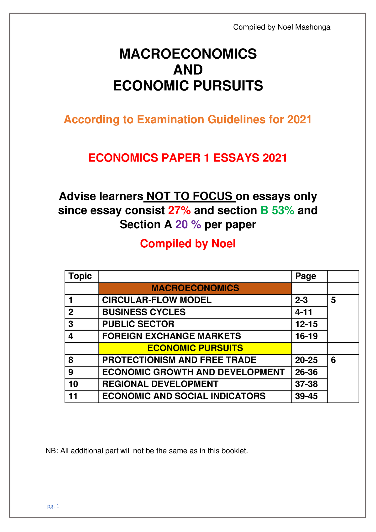 economic pursuits essay grade 10