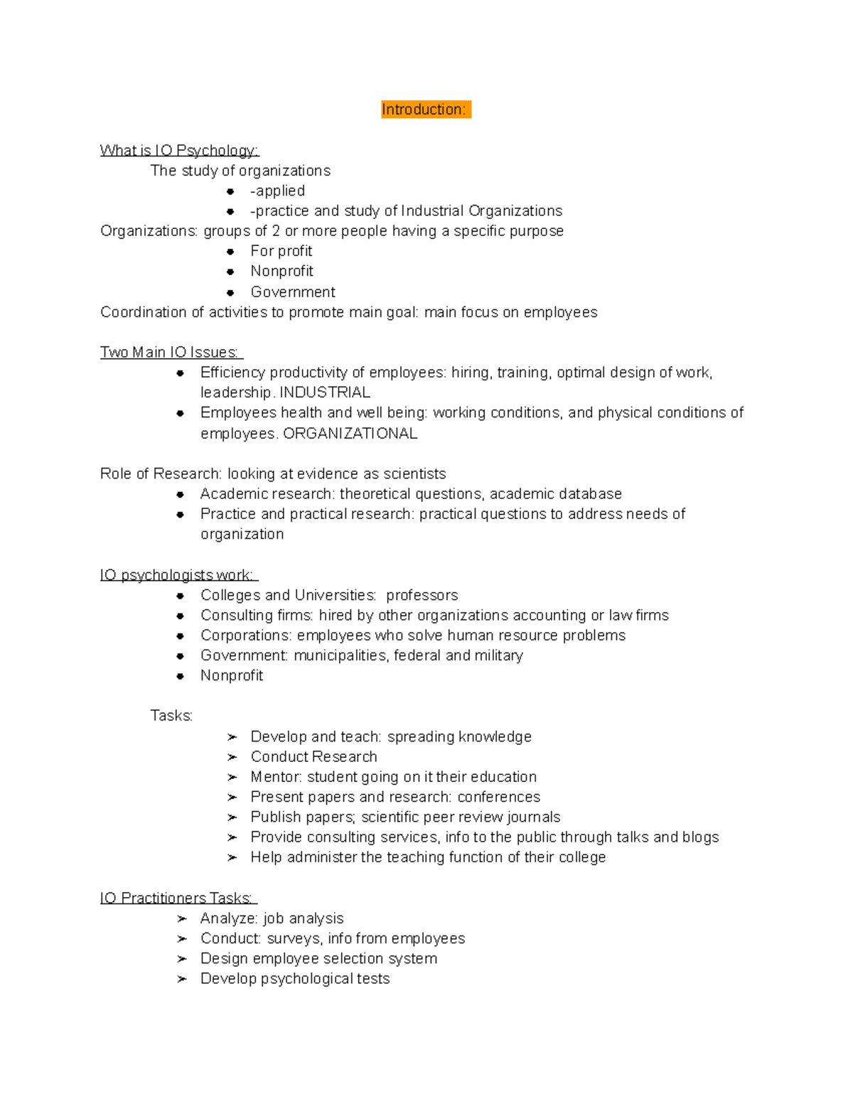 Introduction IO notes - Introduction: What is IO Psychology: The study ...
