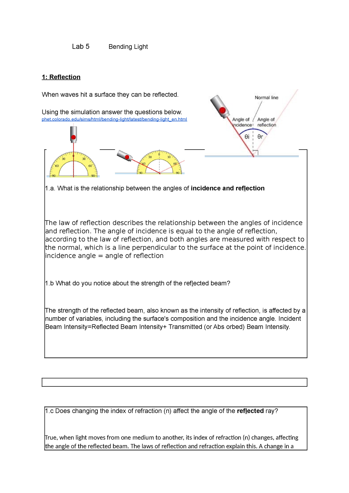 Bending Light - Here You Go! - Lab 5 Bending Light 1: Reflection When ...