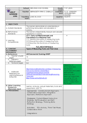 Cookery 7-WEEK 5 - DLL - GRADE 1 to 12 DAILY LESSON LOG School BECURAN ...