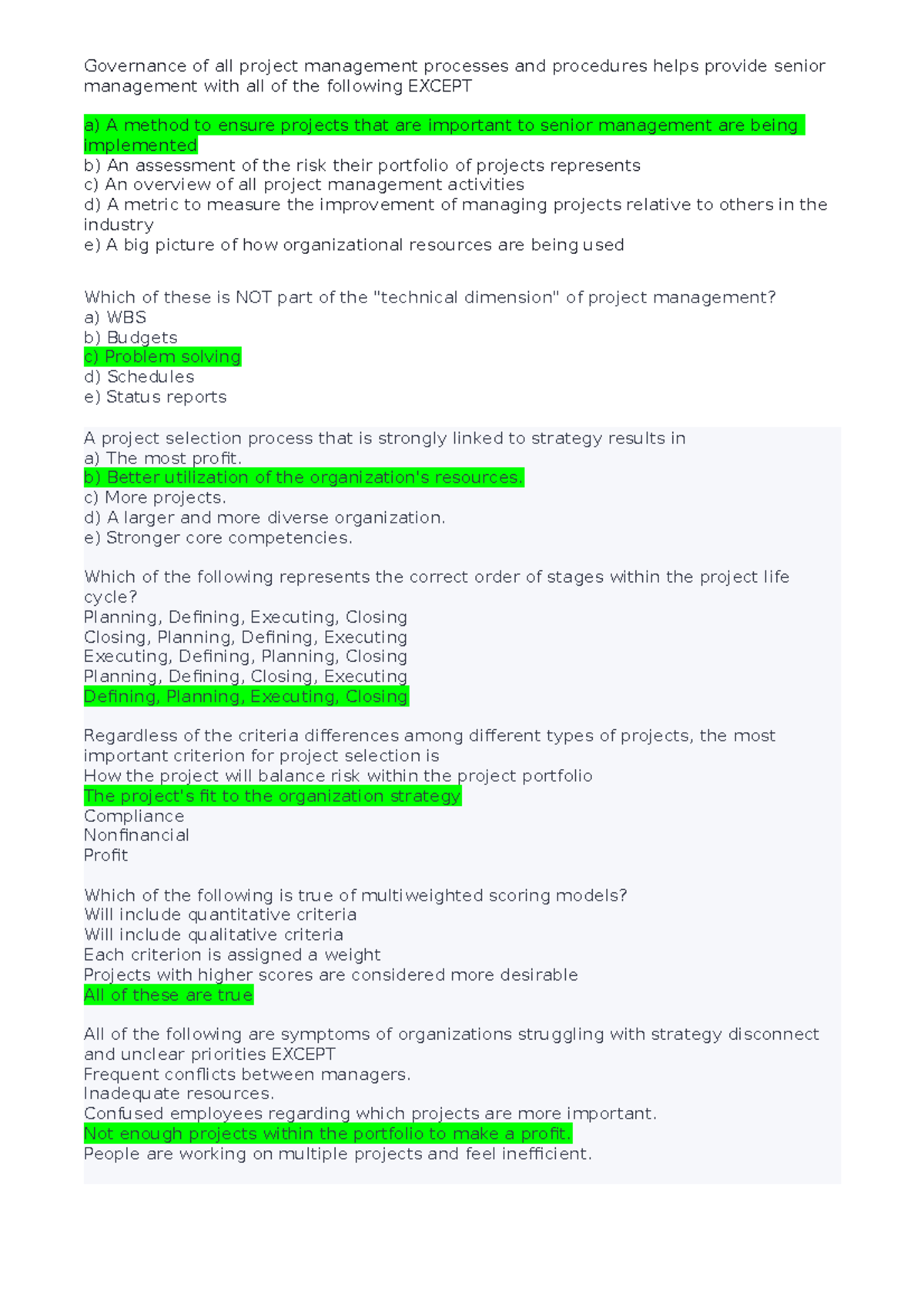 Questions exam quiz - Governance of all project management processes ...