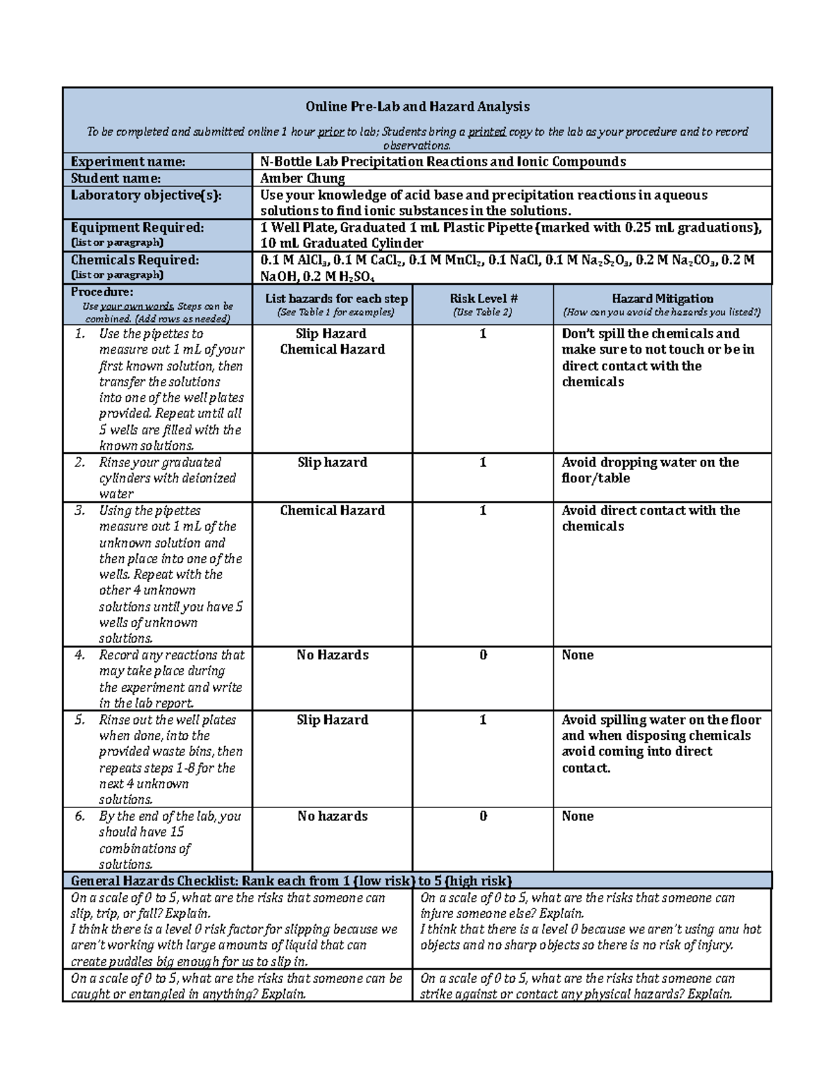 N-Bottle Pre-Lab - Pre lab work - Online Pre-Lab and Hazard Analysis To ...