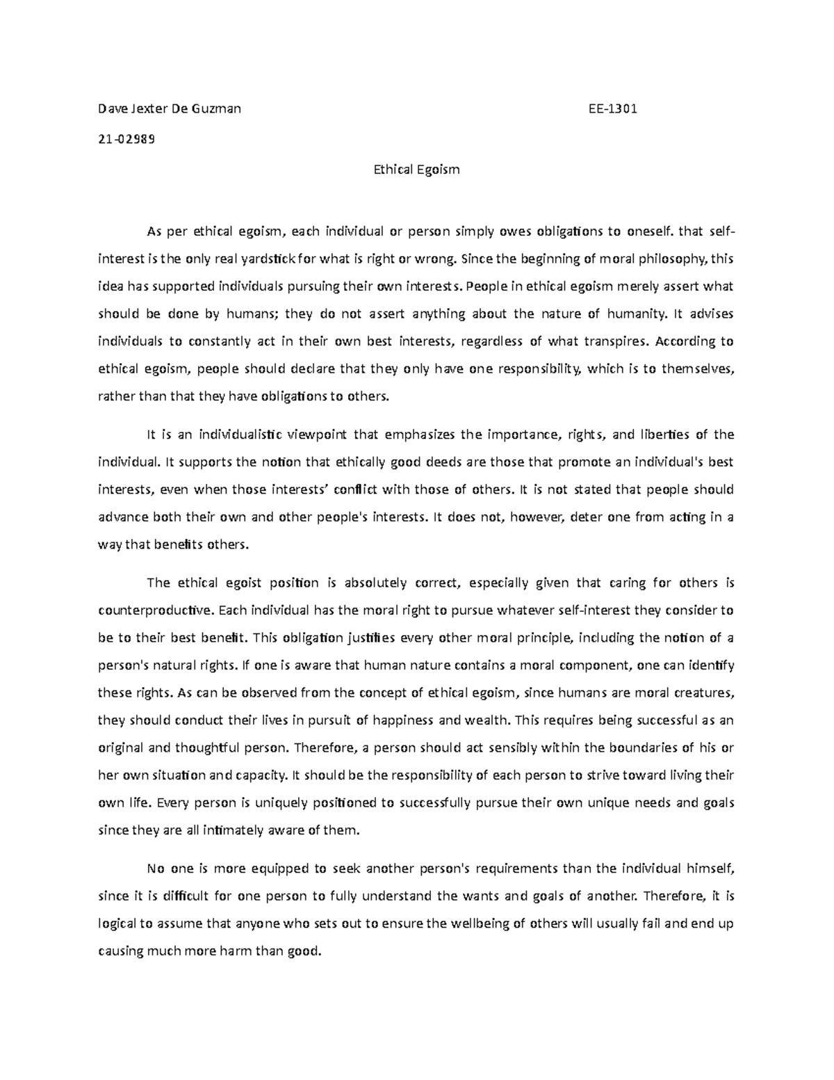 Reflection Paper - Dave Jexter De Guzman EE- 21- Ethical Egoism As per ...