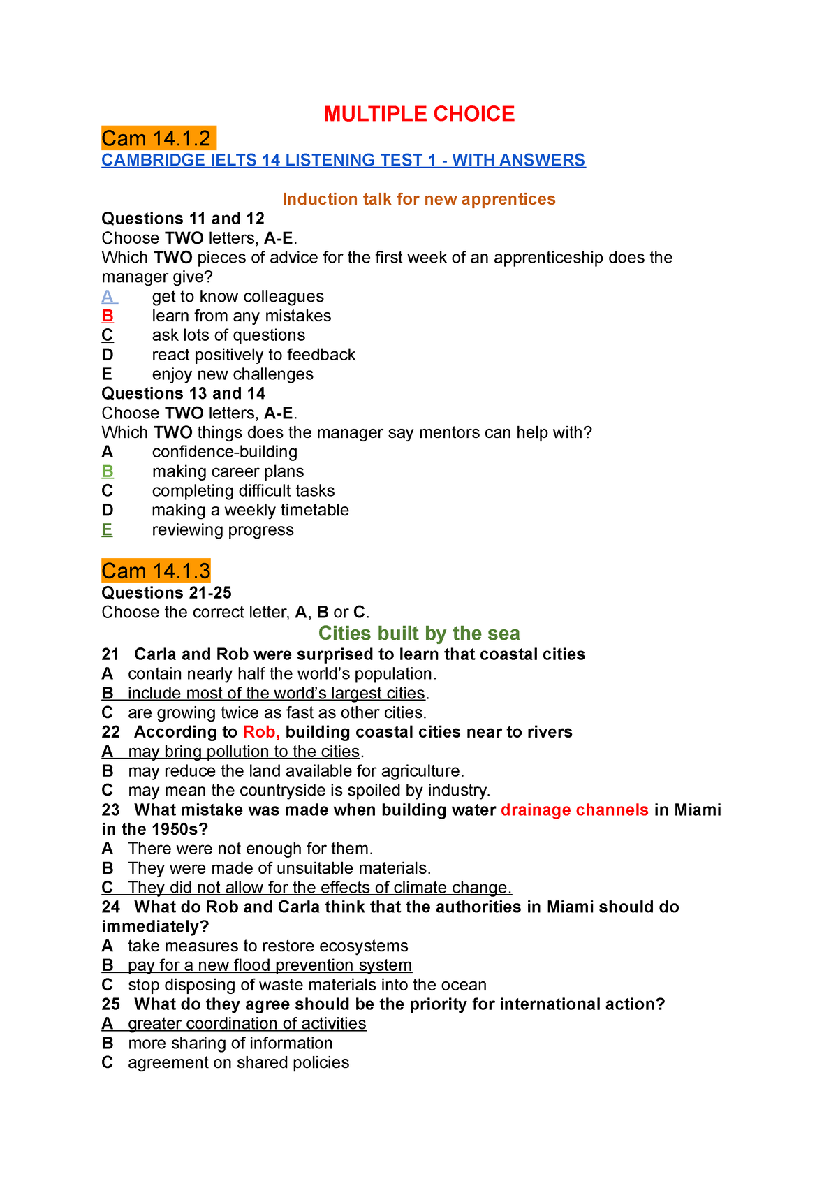 Ielts Listening - Tttttt - MULTIPLE CHOICE Cam 14. CAMBRIDGE IELTS 14 ...