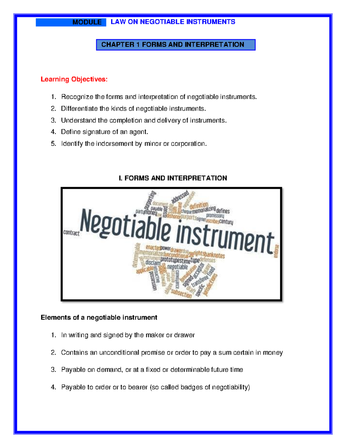 Chapter 1- Foa1 - MODULE LAW ON NEGOTIABLE INSTRUMENTS CHAPTER 1 FORMS ...