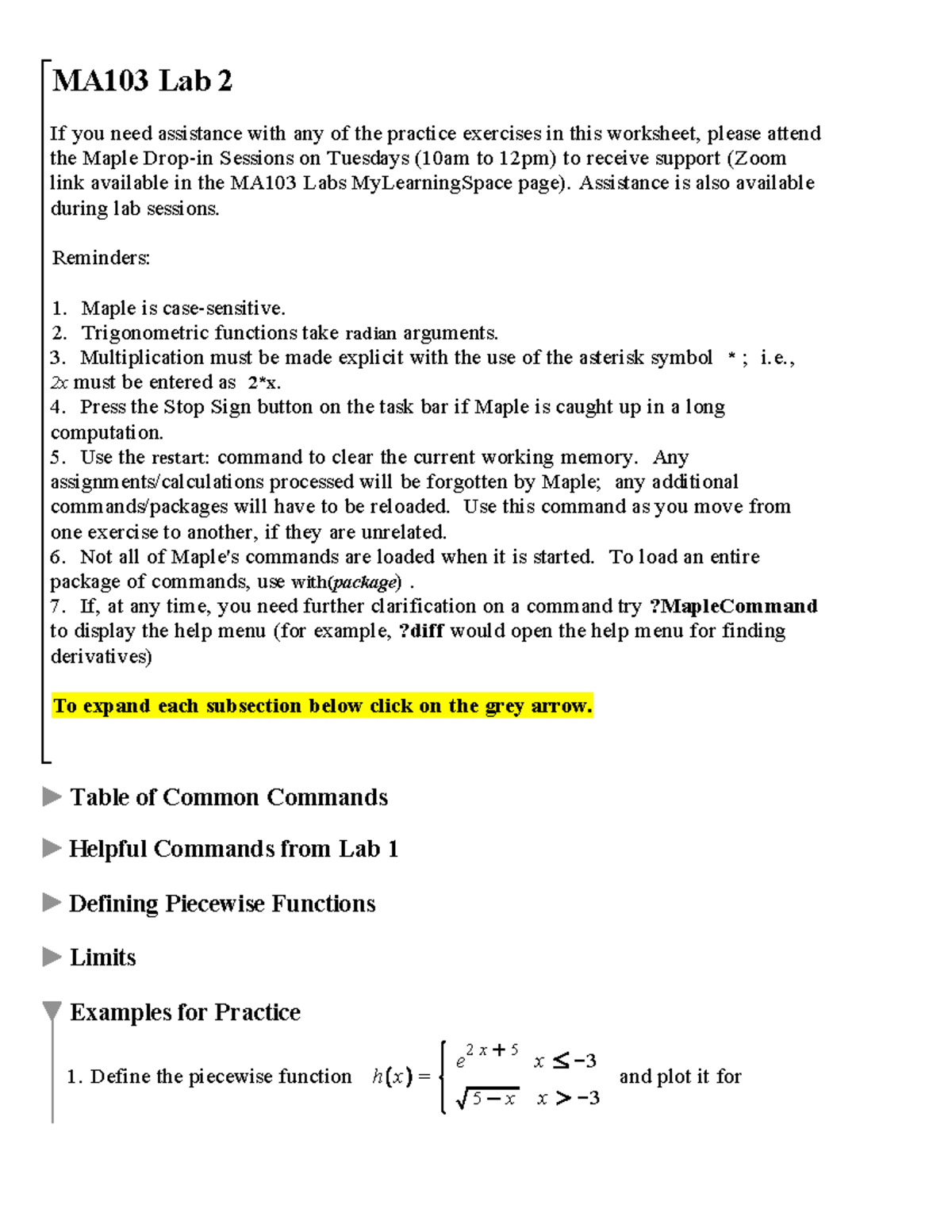 Lab 2 Maple Solutions W22 - MA103 Lab 2 If you need assistance with any ...