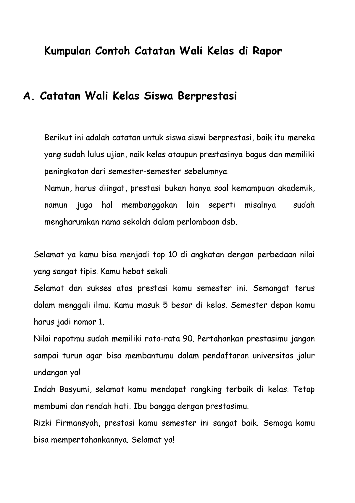 Kumpulan Contoh Catatan Wali Kelas Di Rapor - Catatan Wali Kelas Siswa ...