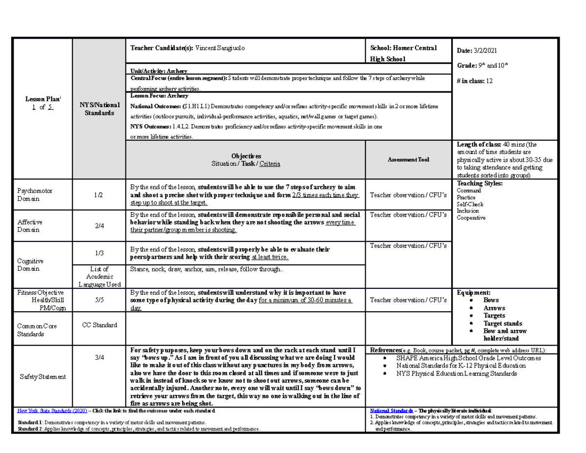 Student teaching archery lesson plan week 2 - Lesson Plani 1 of 5 NYS ...