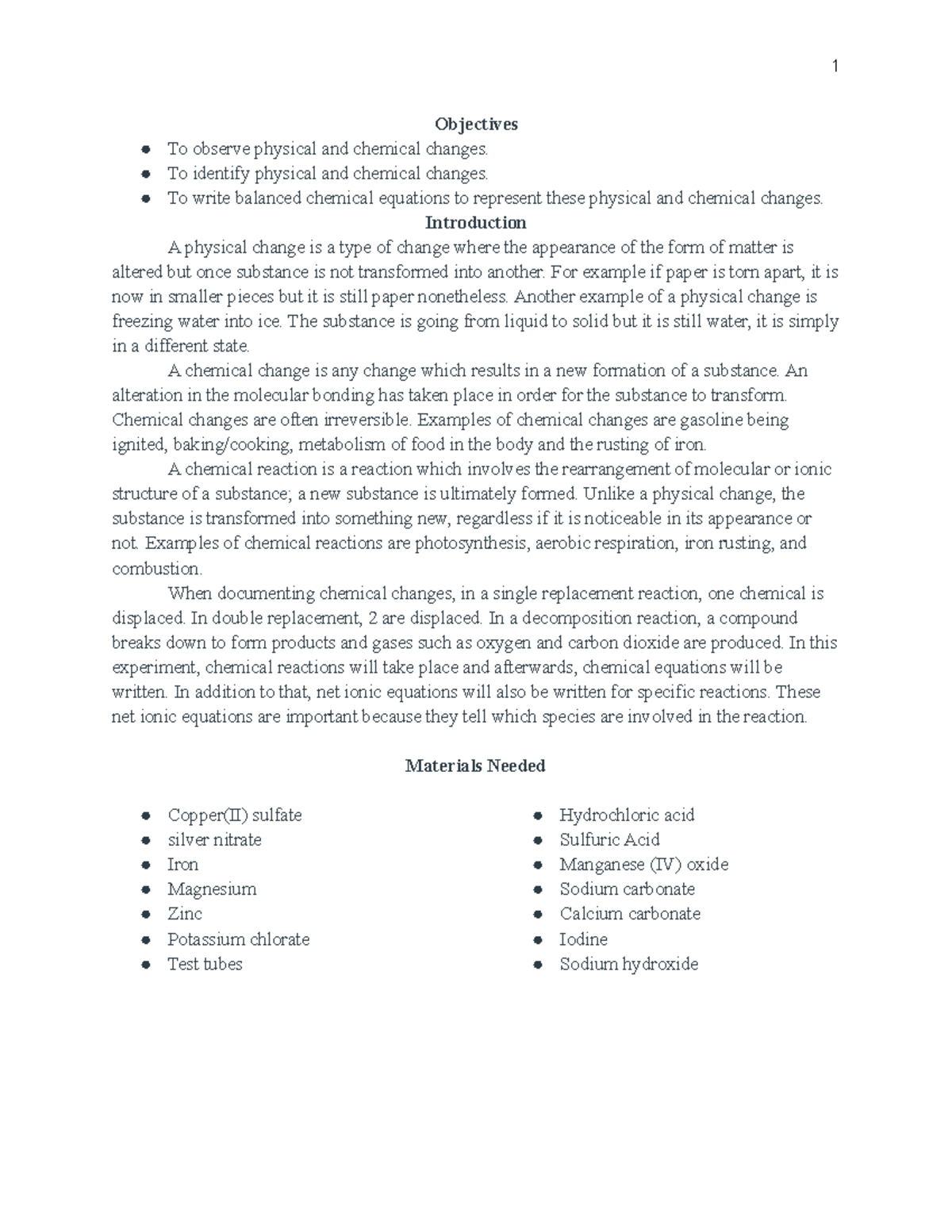 Lab Report Chemical And Physical Changes Objectives To Observe 