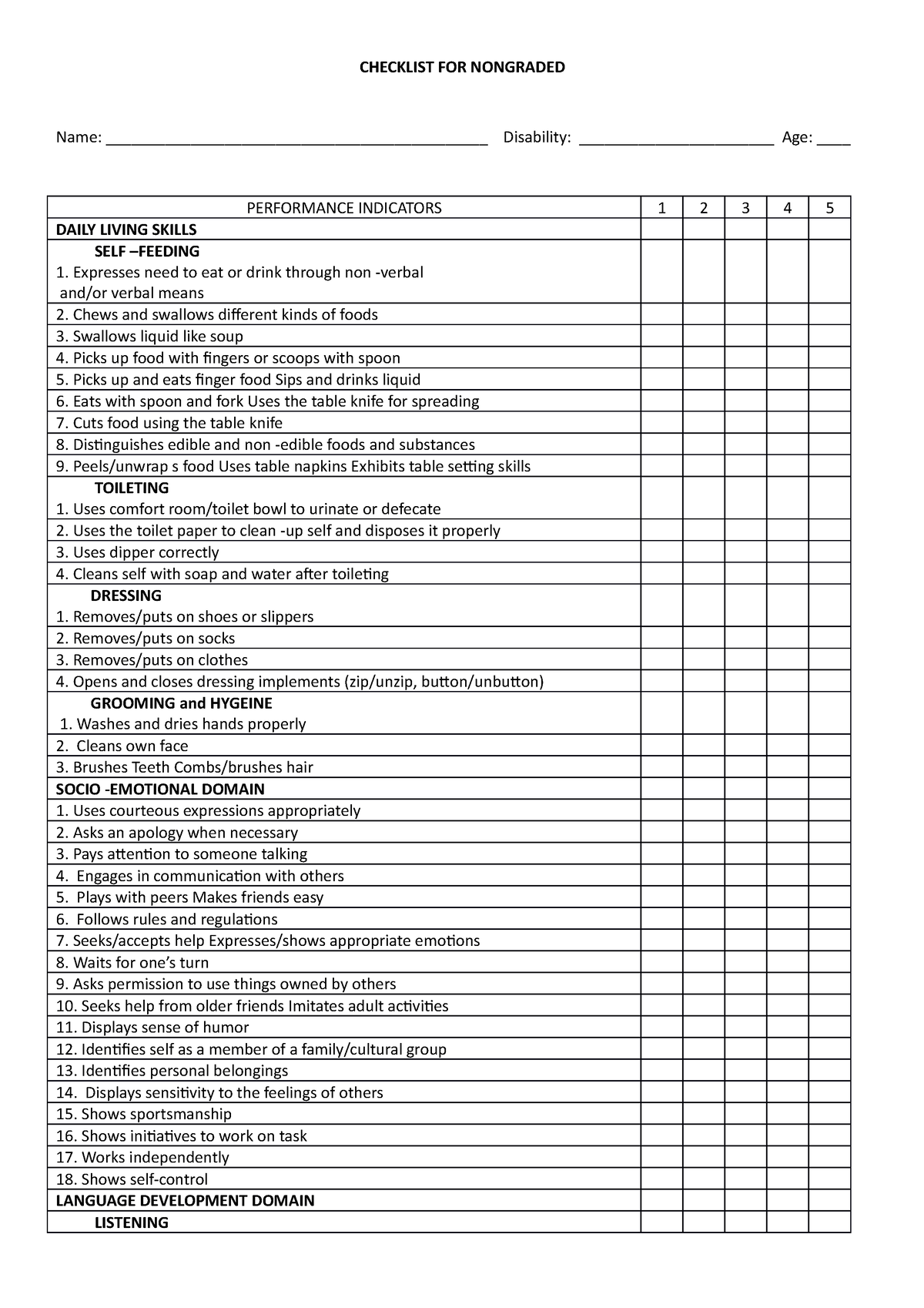 Checklist-FOR- Nongraded - CHECKLIST FOR NONGRADED Name: - Studocu