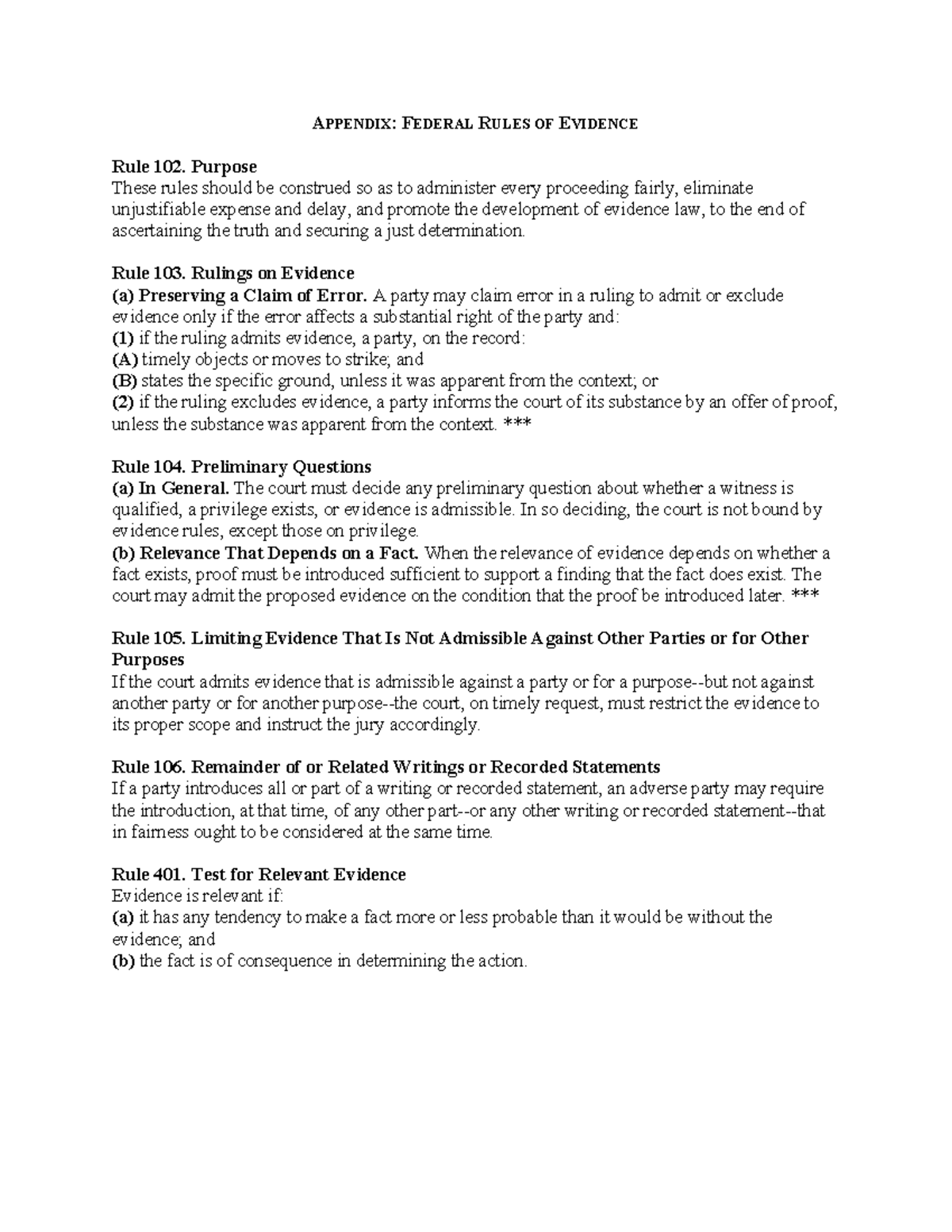Appendix 1 - Practice - A PPENDIX: FEDERAL R ULES OF EVIDENCE Rule 102 ...