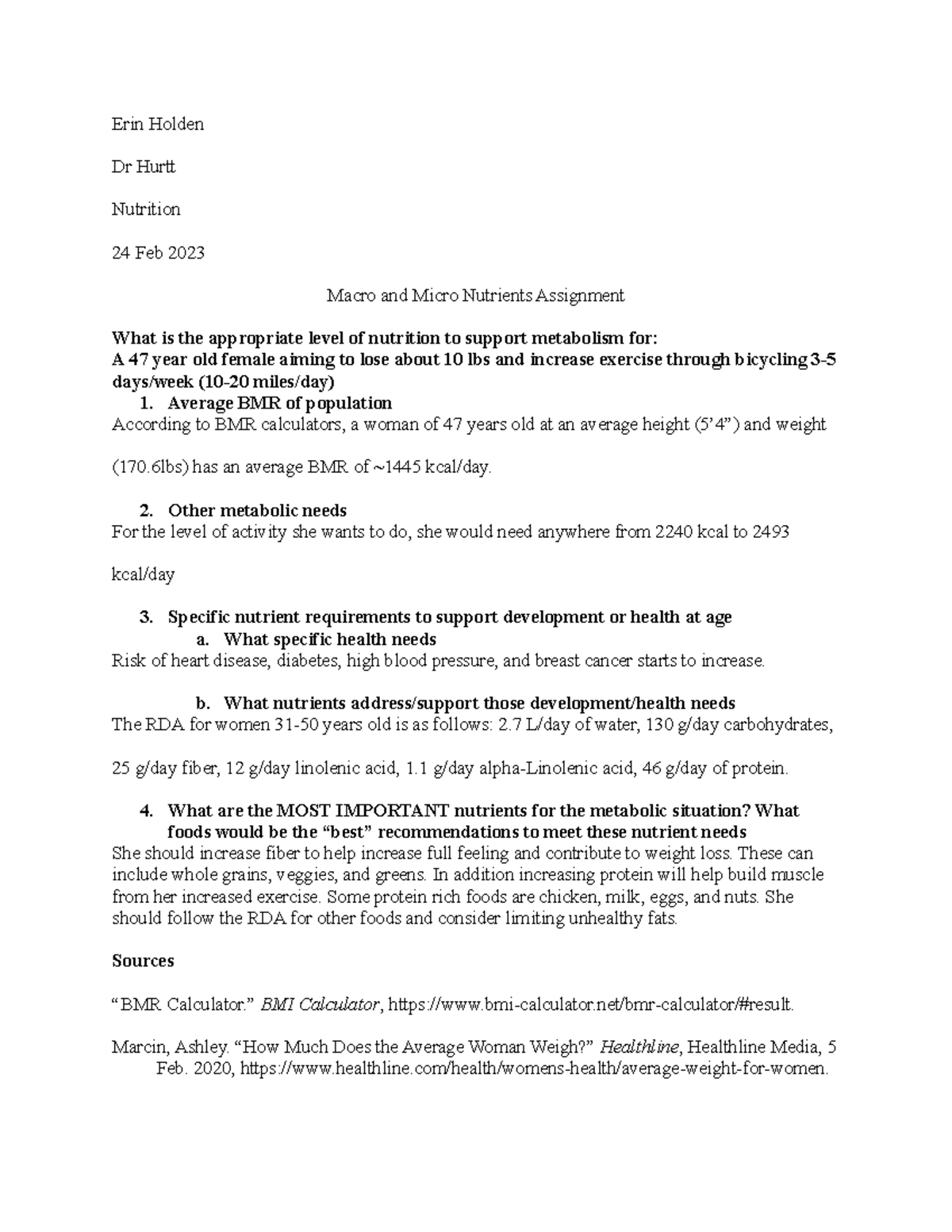 Nutrients assignment - Erin Holden Dr Hurtt Nutrition 24 Feb 2023 Macro ...