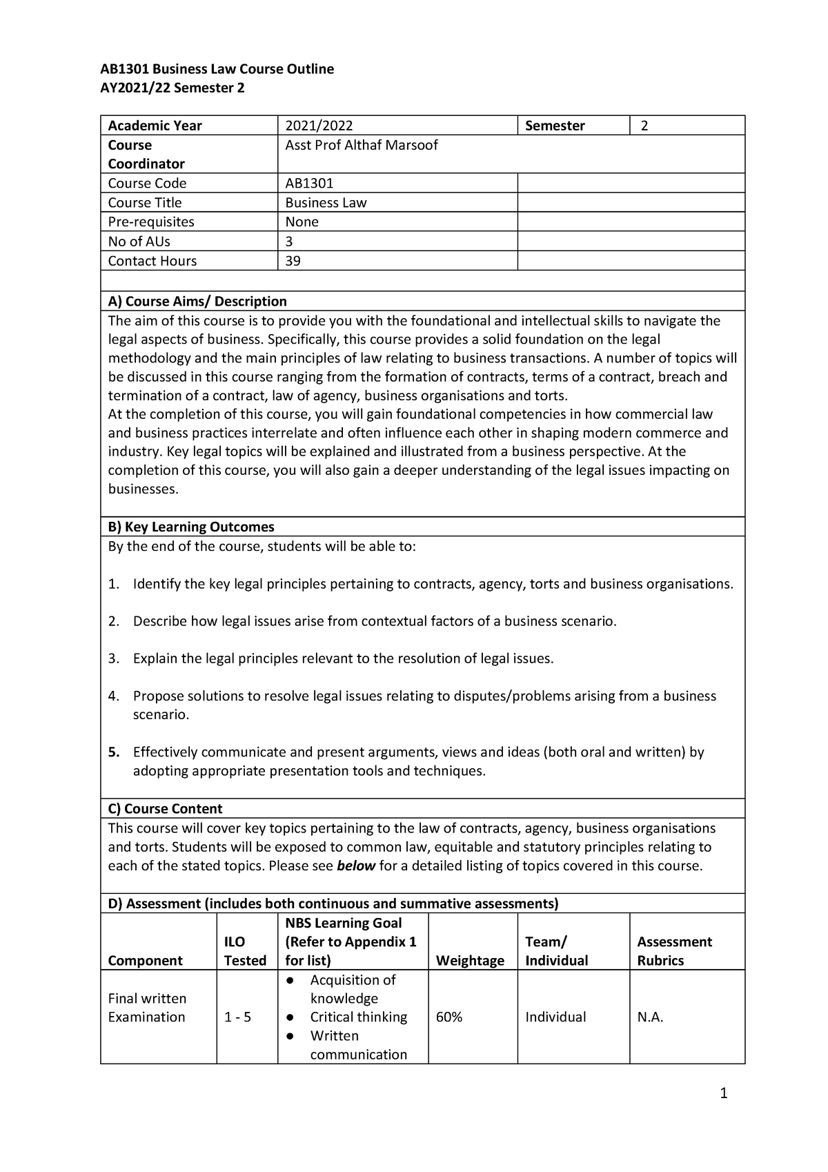 AB1301 Business Law AB1301 Business Law - AB1301 Business Law Course ...