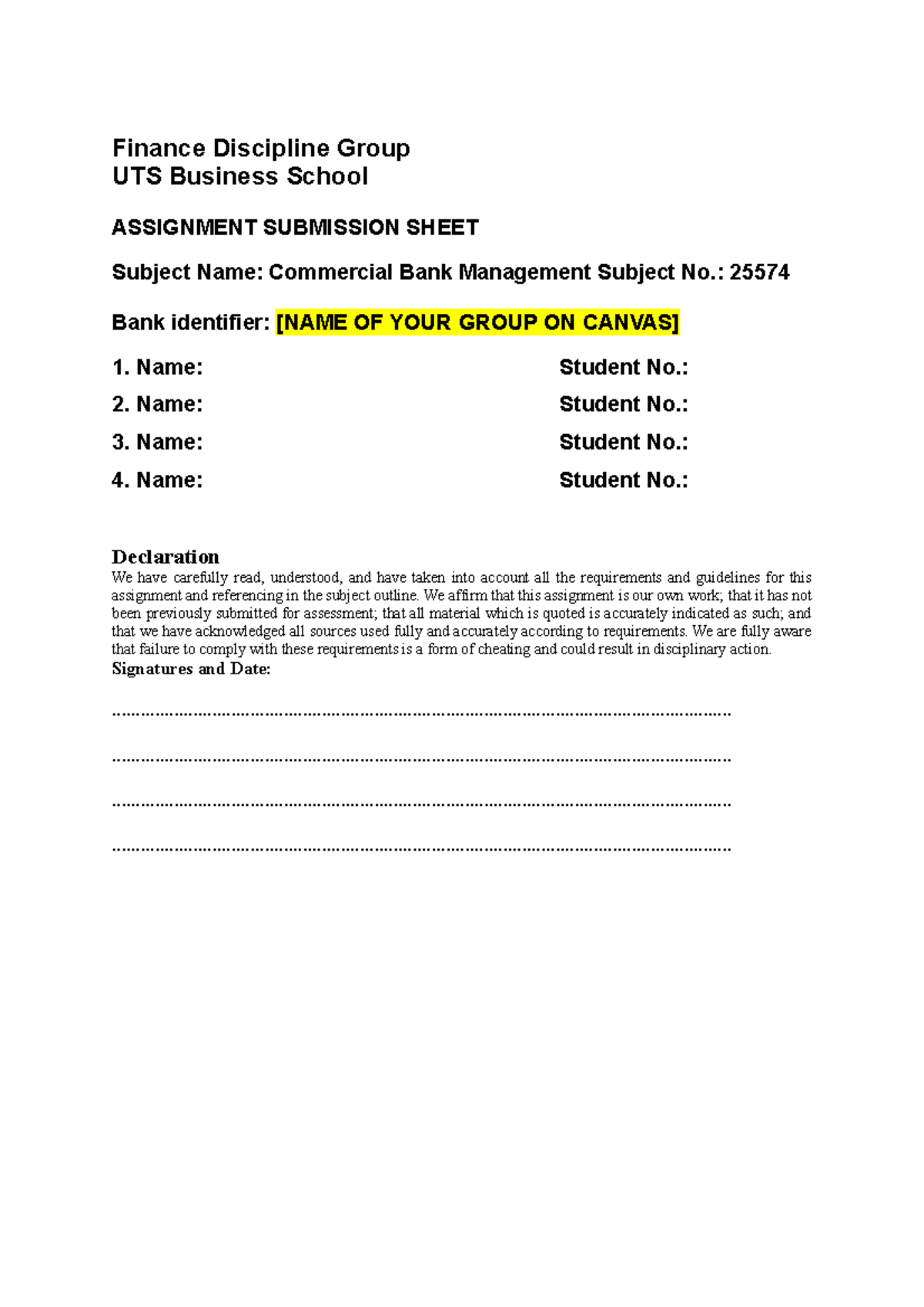 usyd group assignment cover sheet