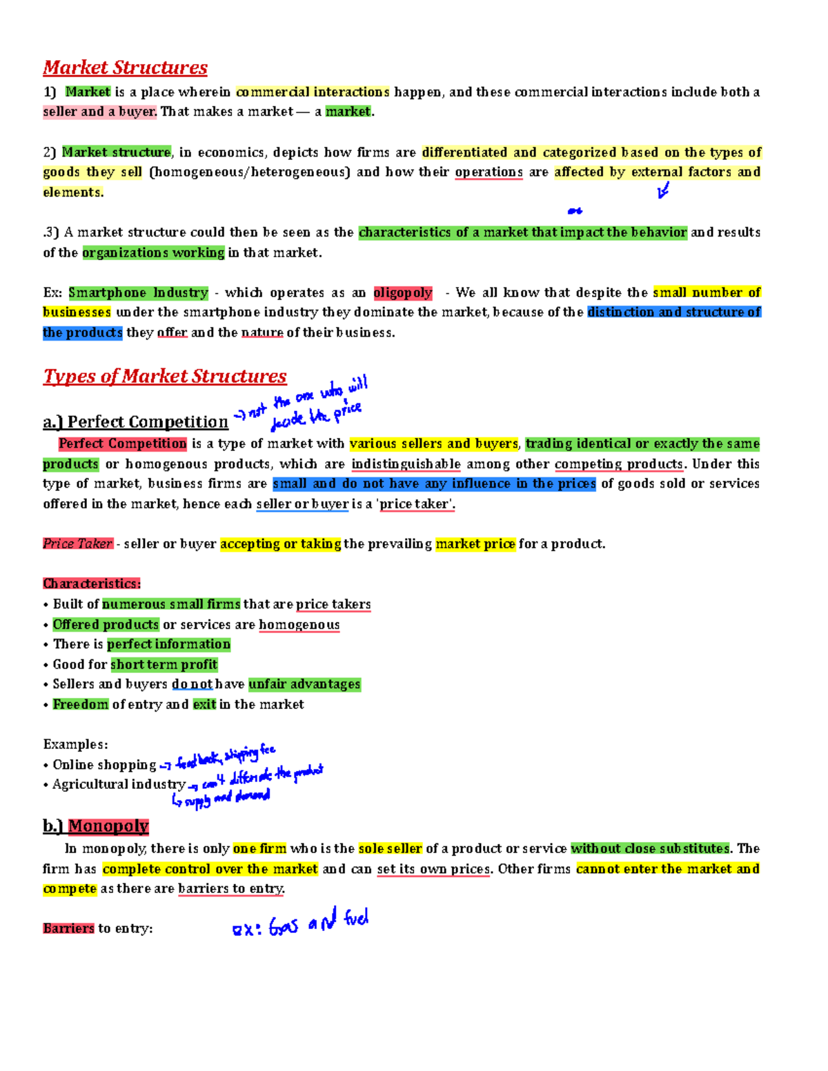 Market Structures and Pricing Strategies - Market Structures 1) Market ...