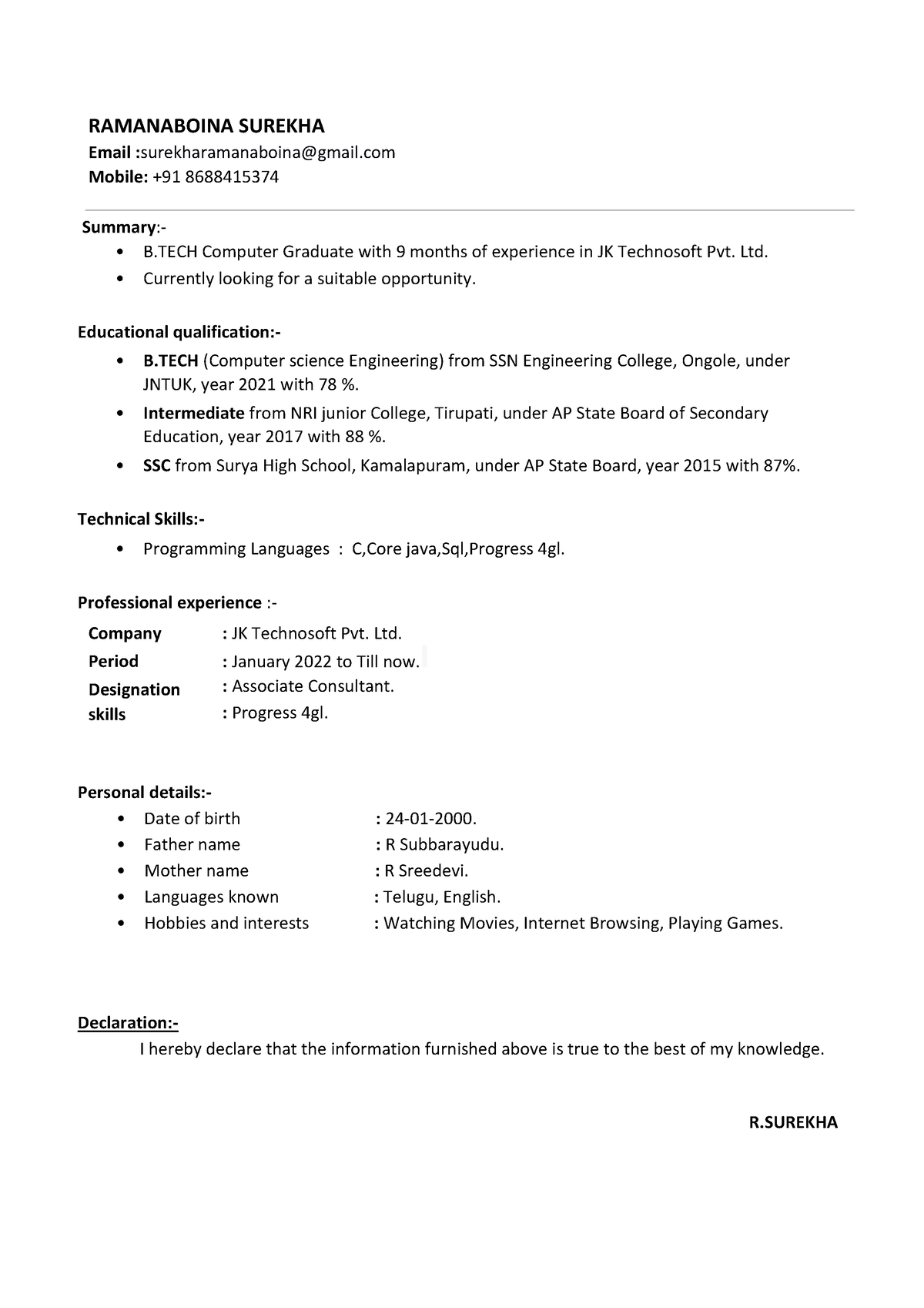 Surekha resume - I have done - RAMANABOINA SUREKHA Email ...