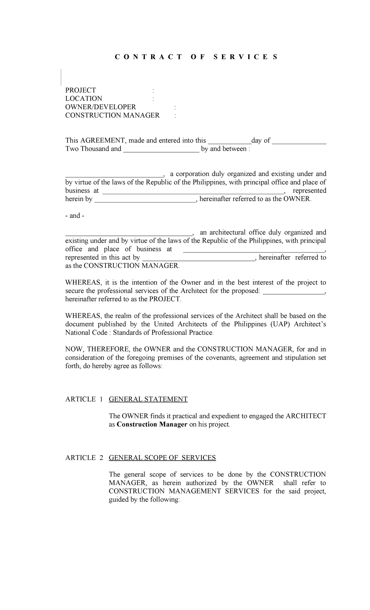 1. Construction Management Contract - C O N T R A C T O F S E R V I C E ...