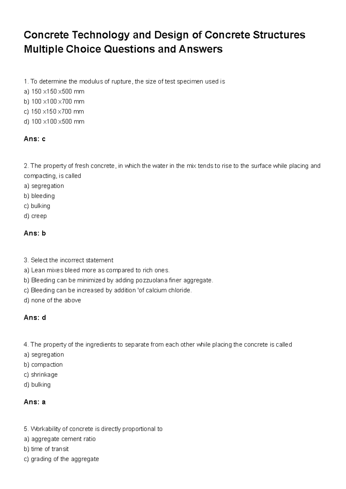 Concrete Technology and Design of Concrete Structures Multiple Choice