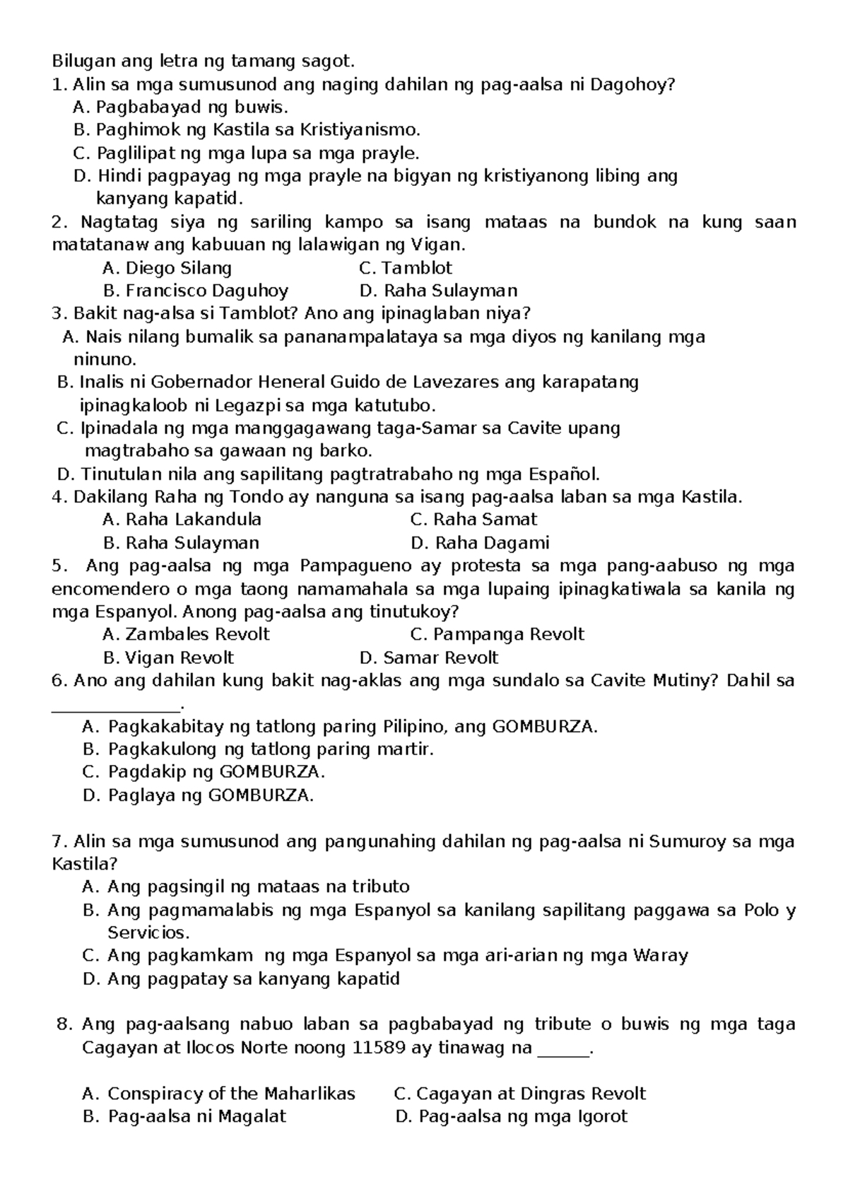 AP quiz 3 - Partisipasyon ng iba't ibang rehiyon at sektor sa ...