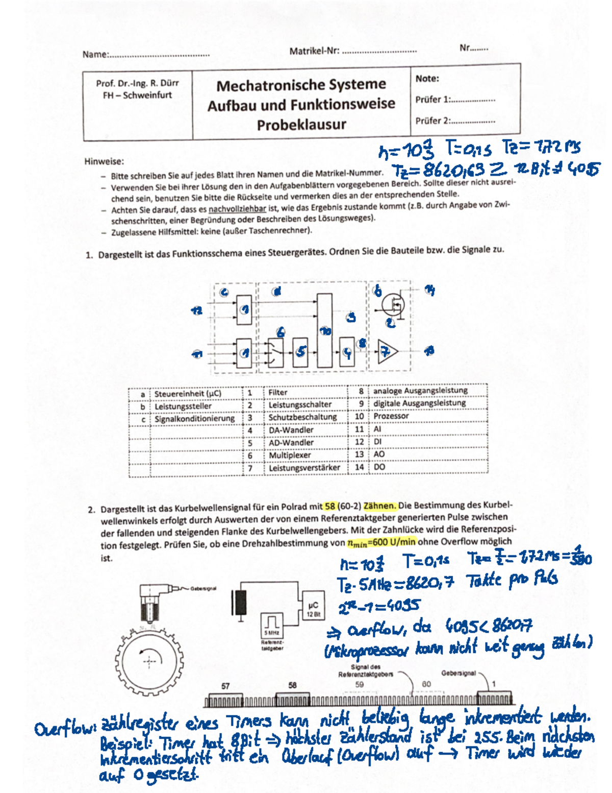 übungsaufgaben Mechatroniker Mit Lösungen Pdf Mechatronikprüfung - Mechatronikvertiefung Prüfung - Name: Matrikel-Nr