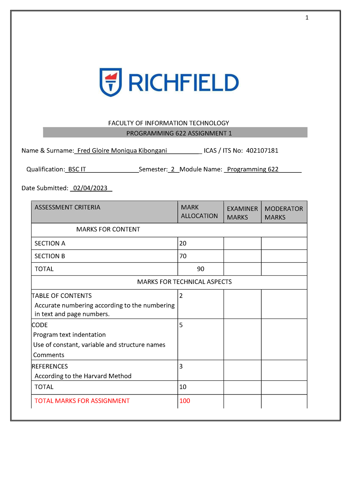 programming 622 assignment memo