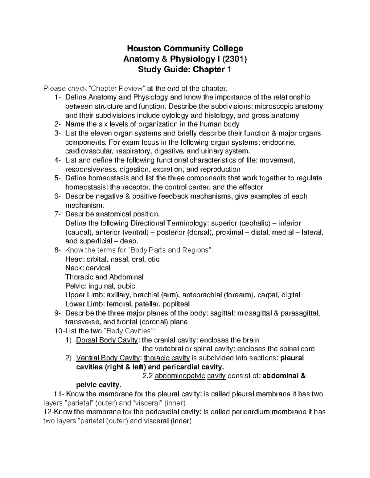 HCC AP I Study Guide Chapter 1-1 - Houston Community College Anatomy ...
