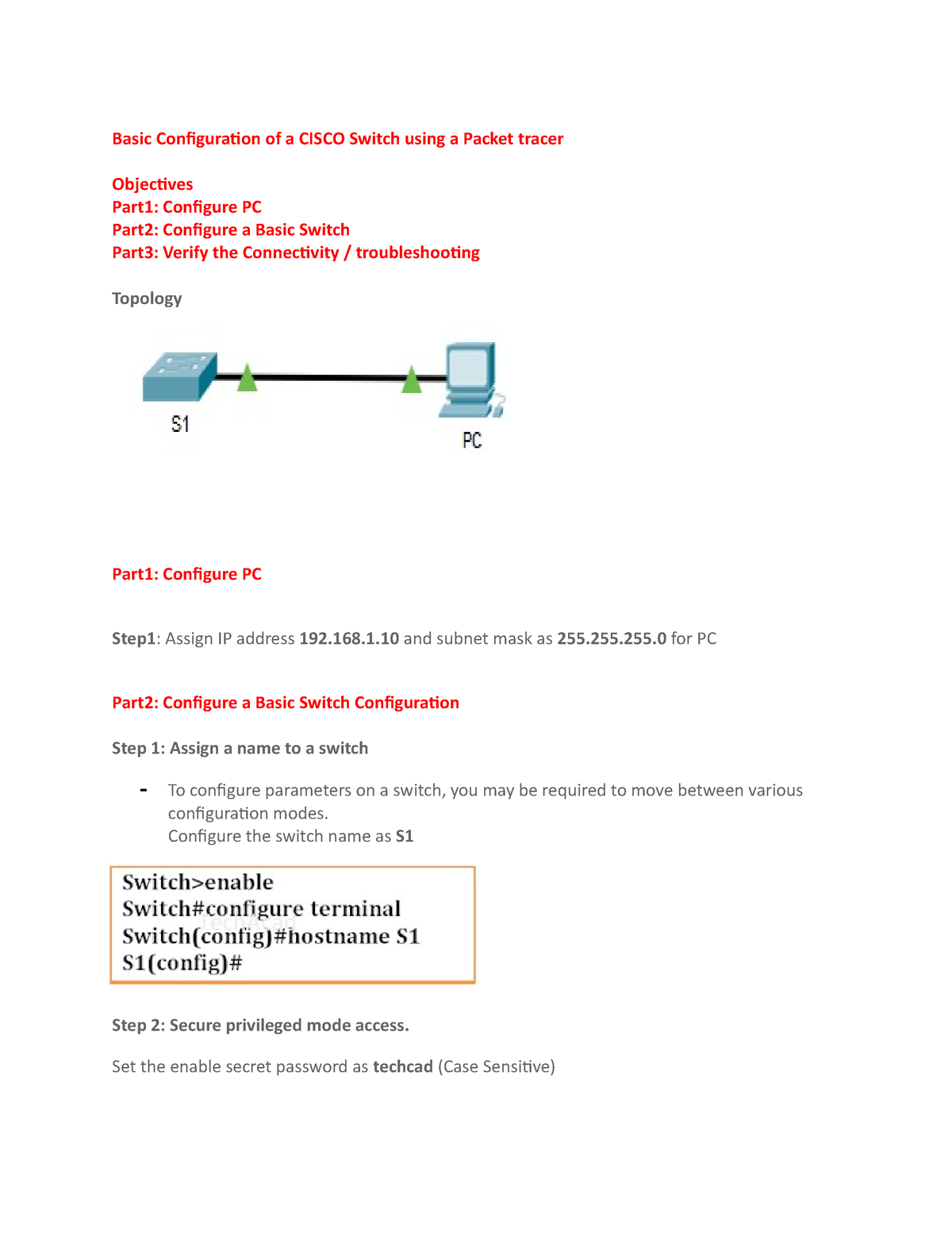 Lab Basic Configuration Of A Cisco Switch - Basic Configuration Of A ...