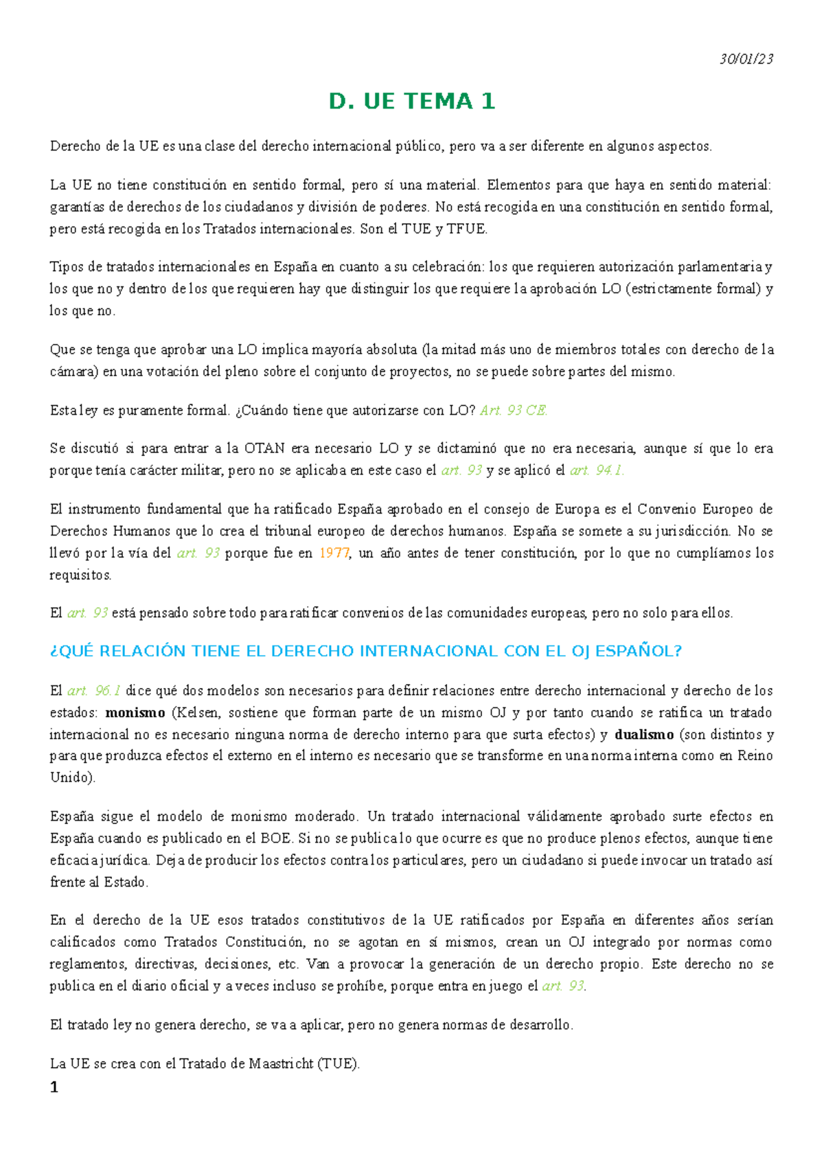 Apuntes derecho de la union europea - 30/01/ D. UE TEMA 1 Derecho de la ...