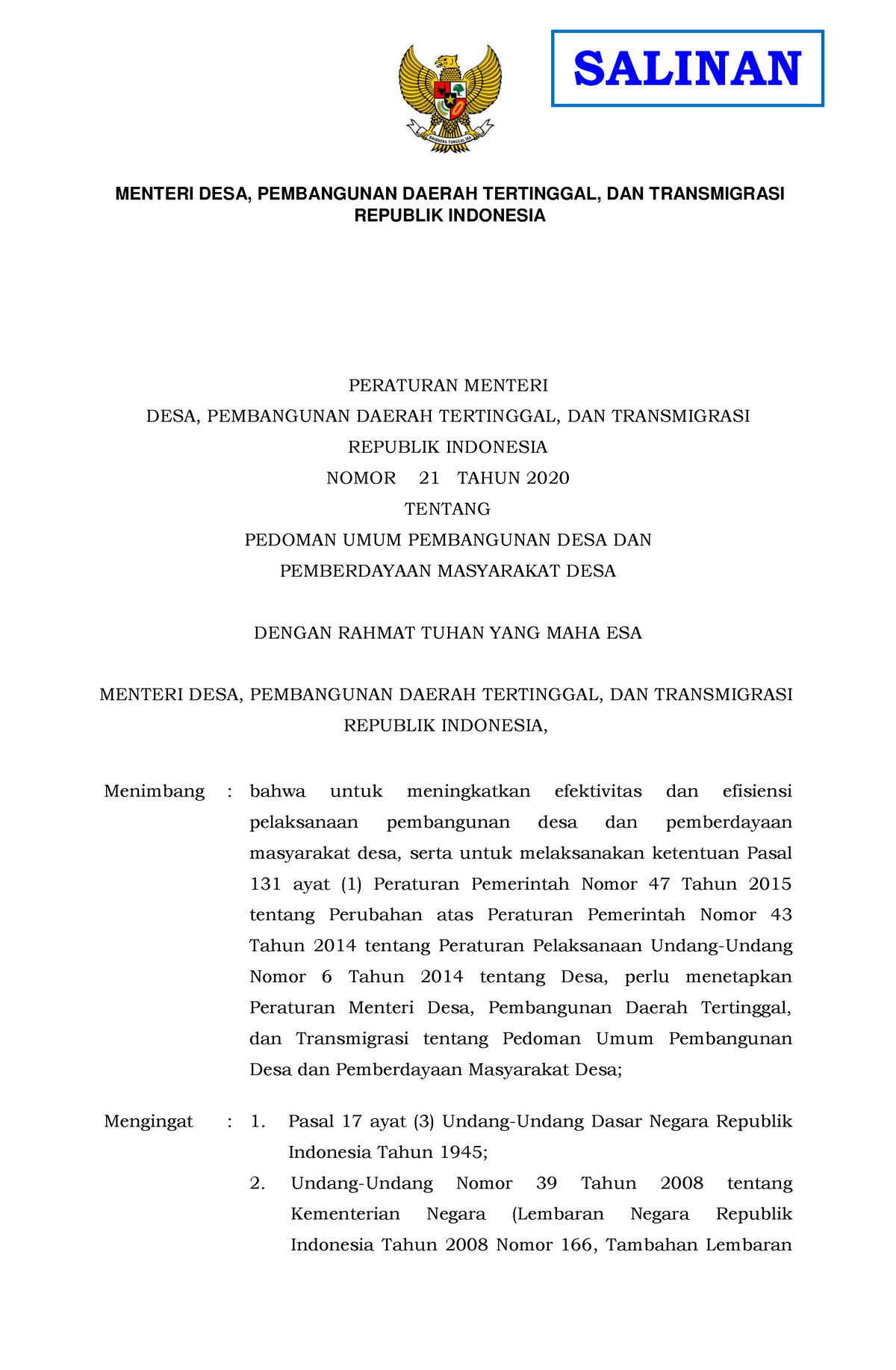 Permendesa Nomor 21 Tahun 2020 - PERATURAN MENTERI DESA, PEMBANGUNAN ...