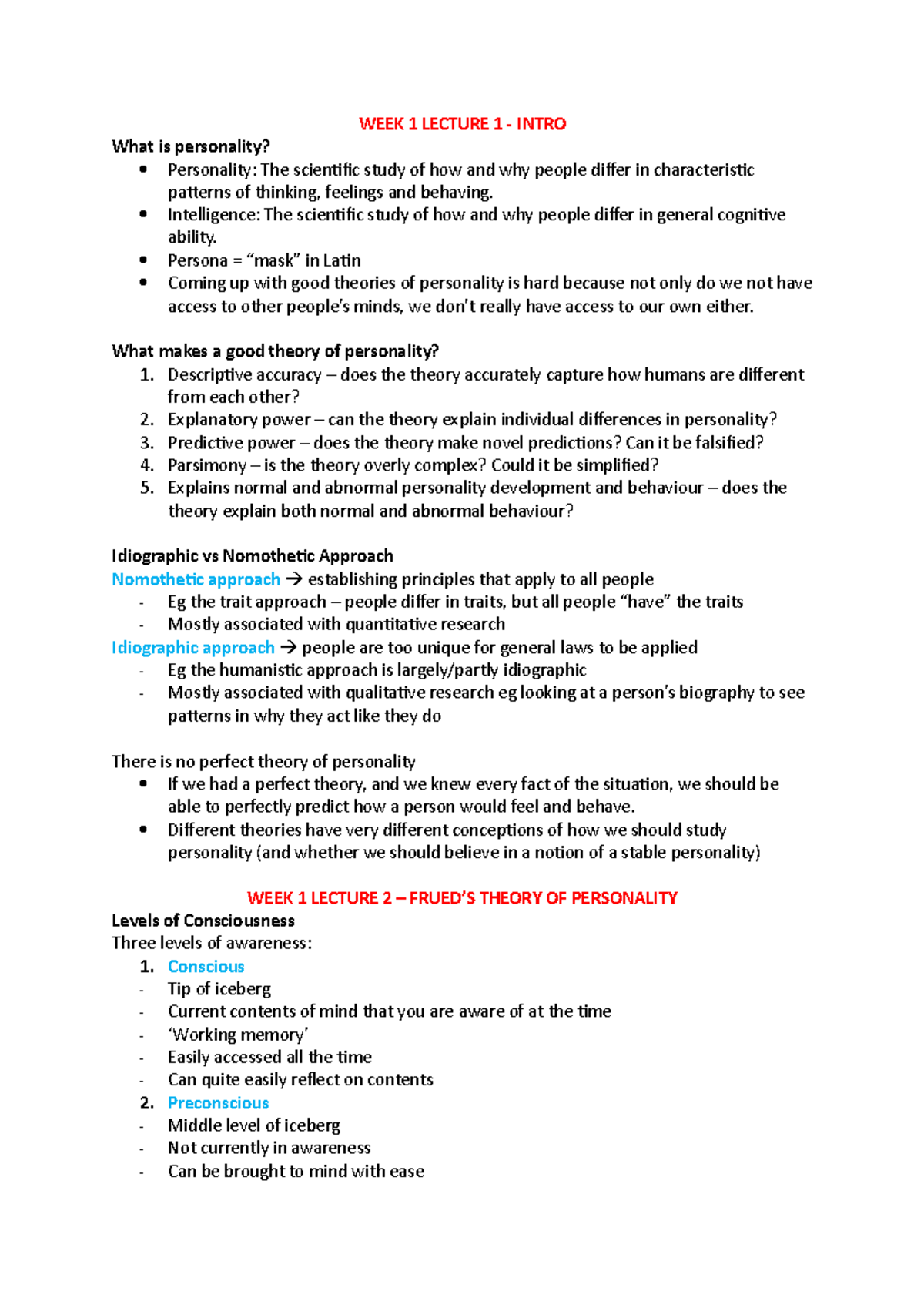 Personality Week 1 lecture notes - WEEK 1 LECTURE 1 - INTRO What is ...