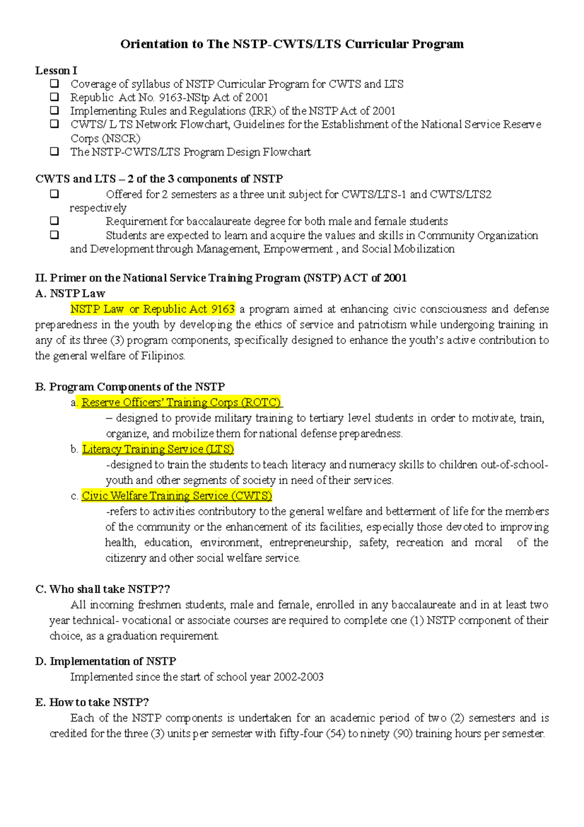 Module 1 Lecture Notes 1 Orientation To The NSTP CWTS LTS 