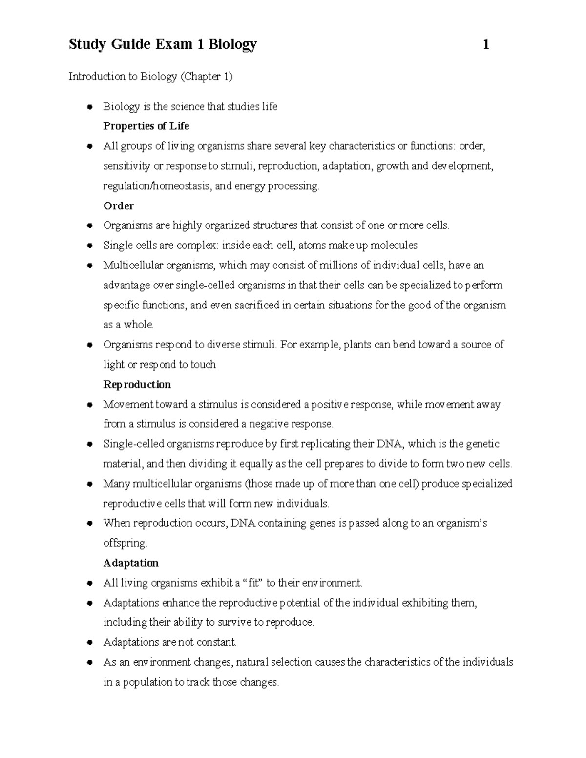 Study Guide For Biology Exam 1 - Introduction To Biology (Chapter 1 ...