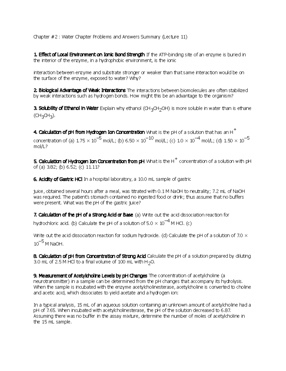 Chapter #2 - Water Chapter Problems and Answers Summary (Lecture 11 ...