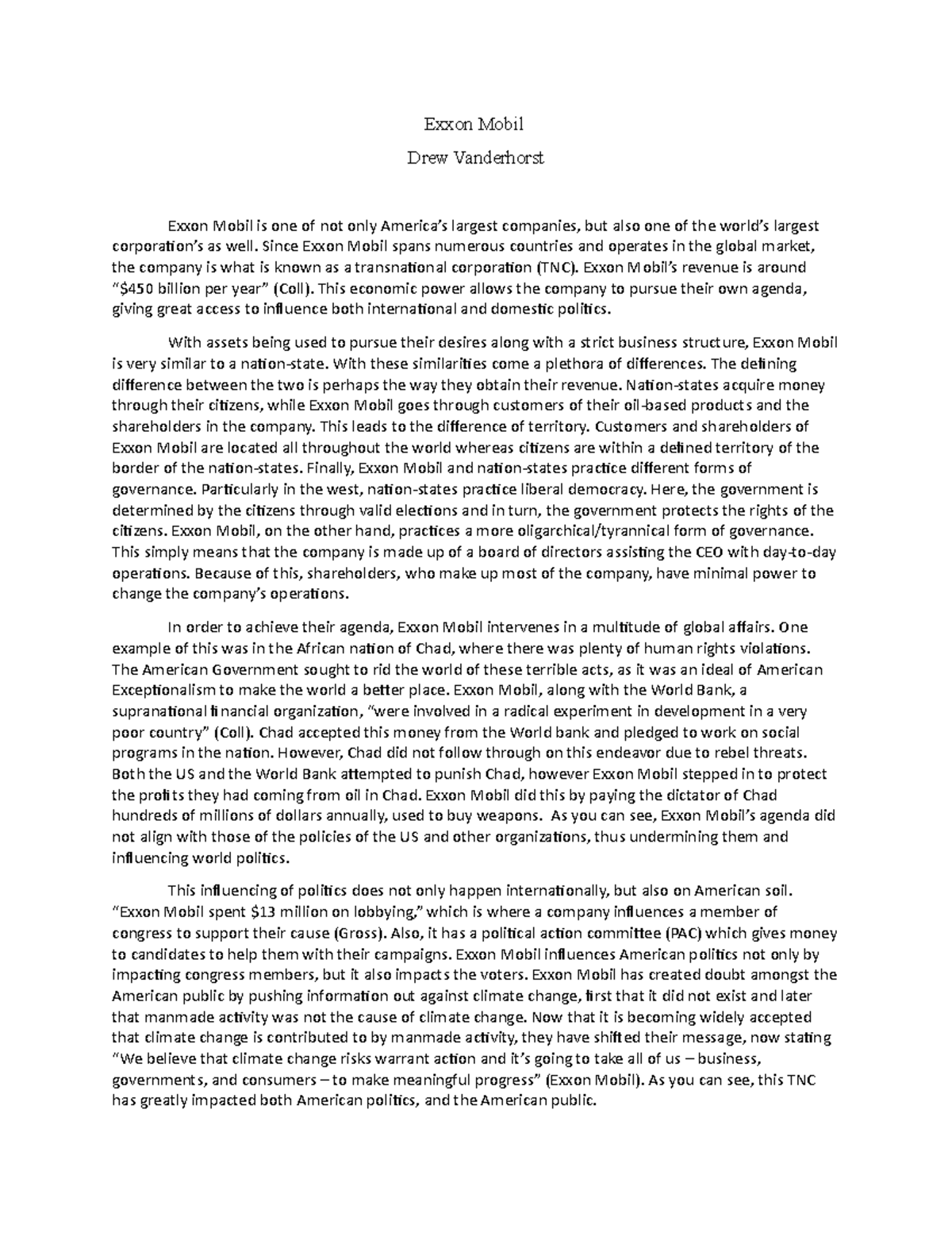 Exxon Mobil - This essay i don't remember - Exxon Mobil Drew ...