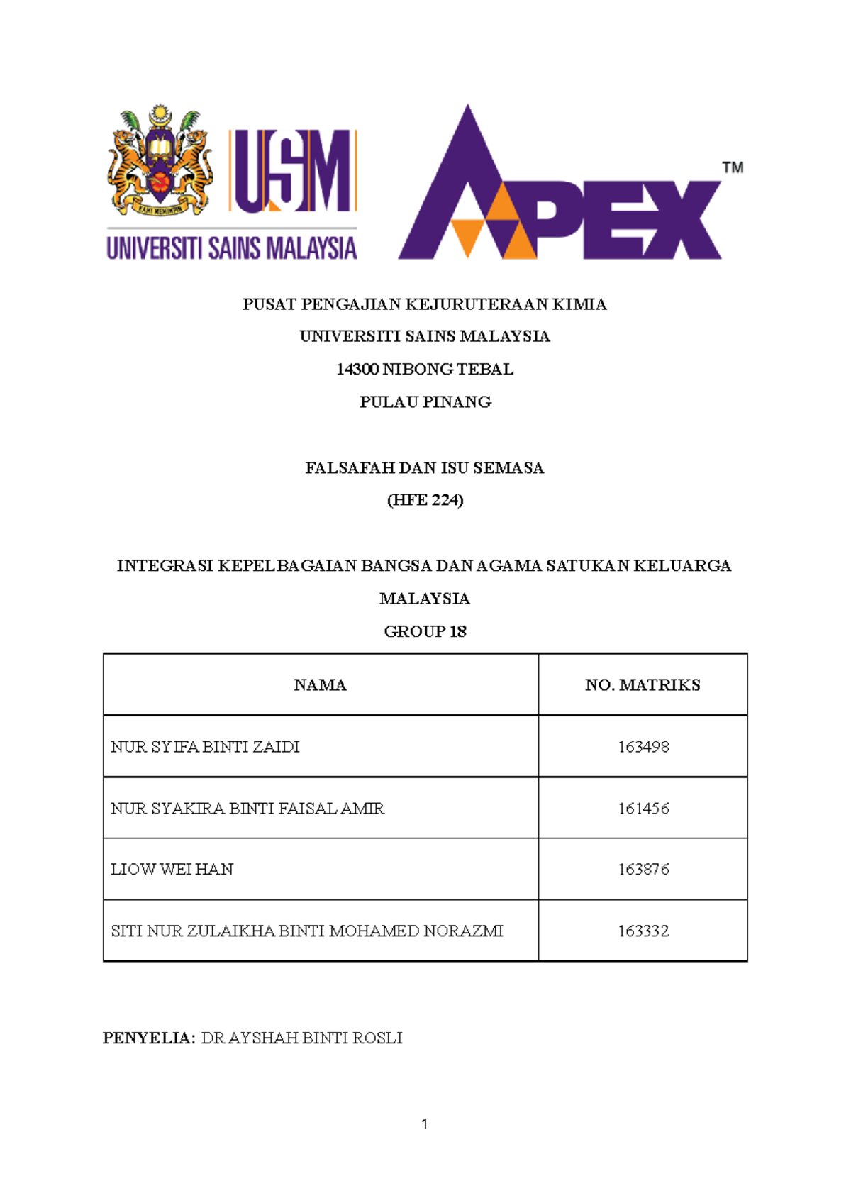 Proposal HFE 224 Group 18 - PUSAT PENGAJIAN KEJURUTERAAN KIMIA ...