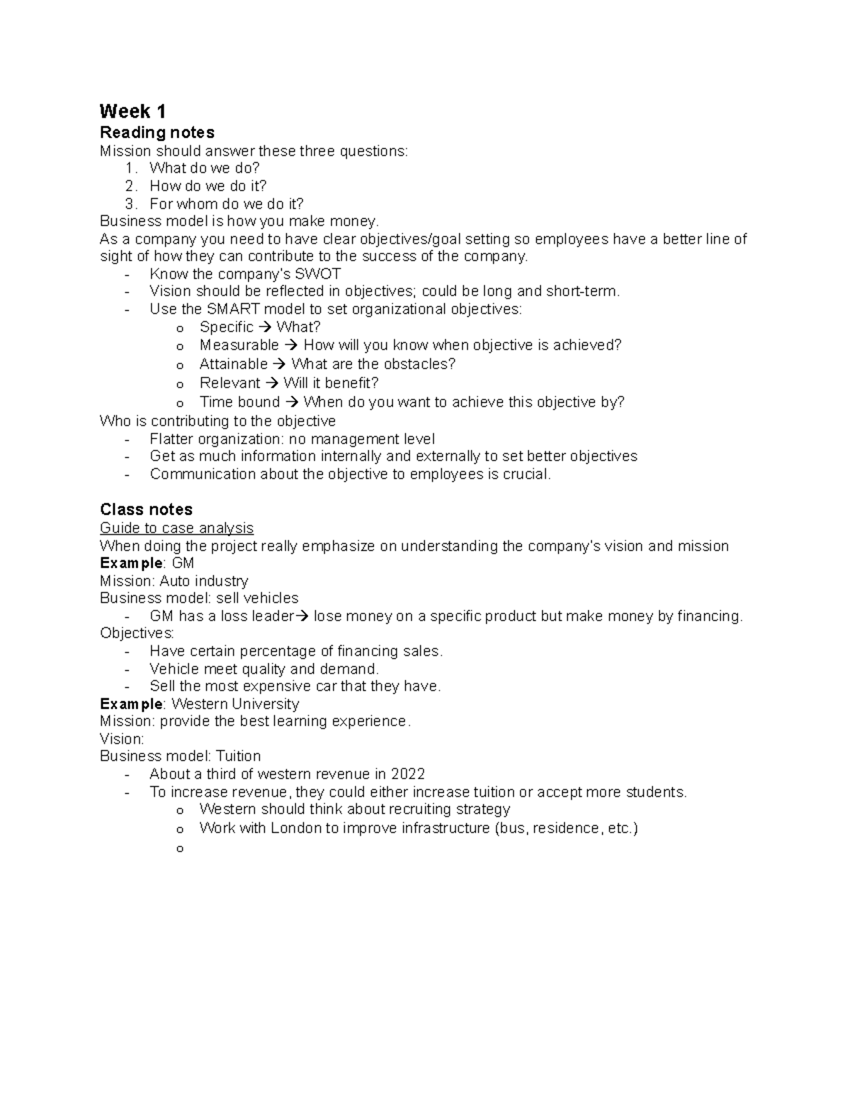 Notes - Week 1 Reading notes Mission should answer these three ...