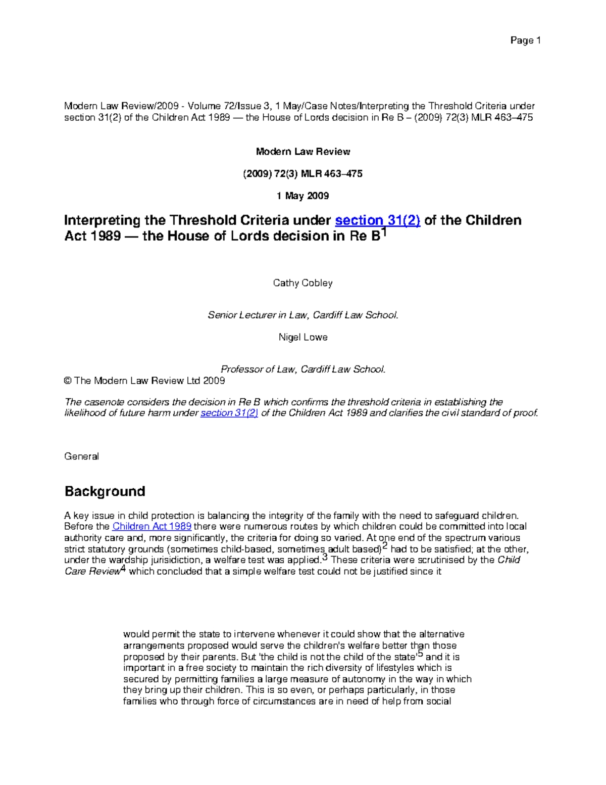 Cobley and Lowe (2009 ) Interpreting the Threshold Criteria Modern