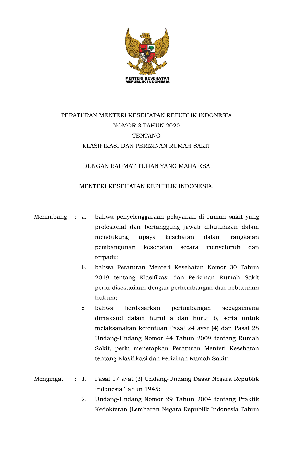 Permenkes Nomor 3 Tahun 2020 - PERATURAN MENTERI KESEHATAN REPUBLIK ...