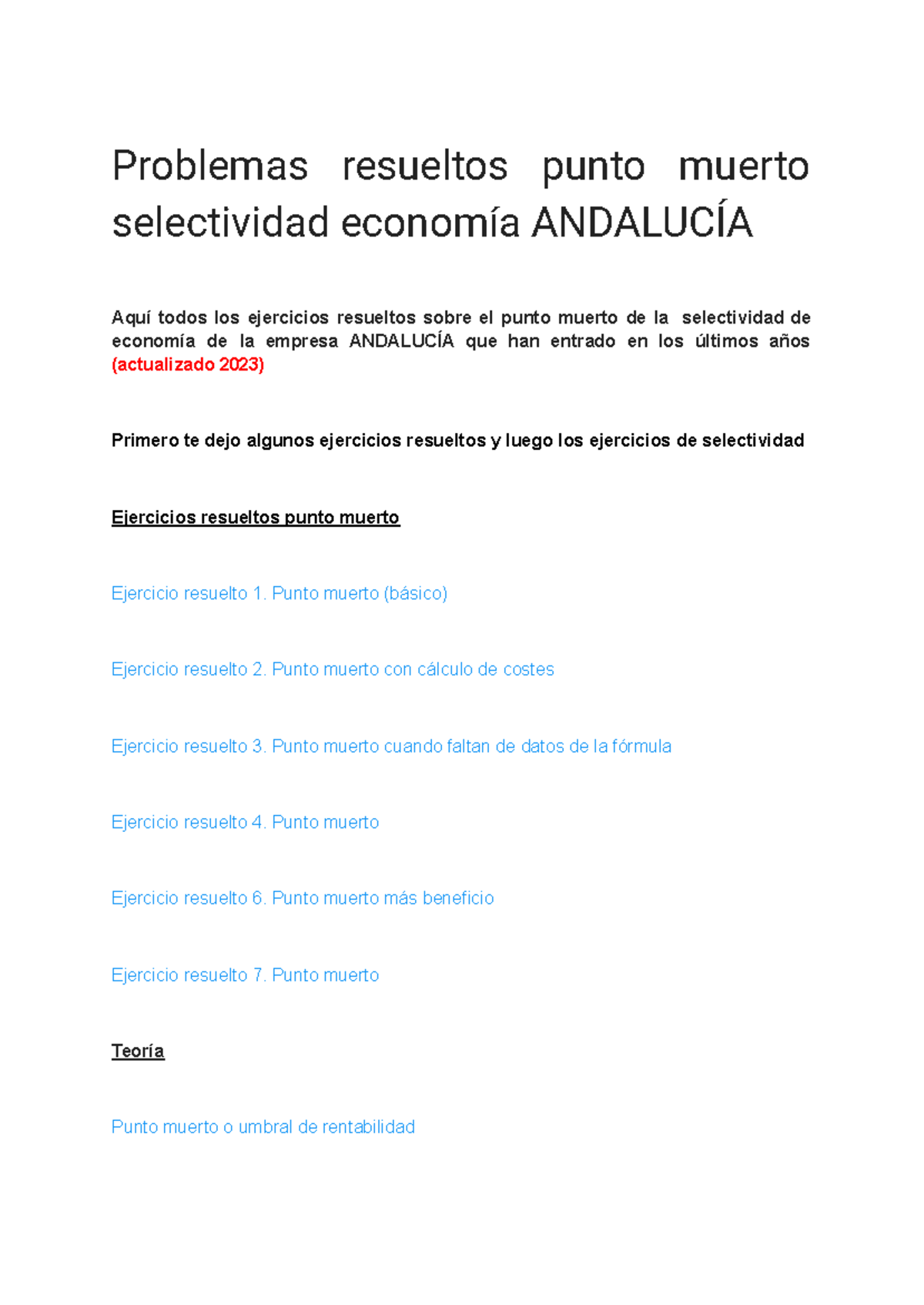 Punto Muerto Resueltos - Problemas Resueltos Punto Muerto Selectividad ...