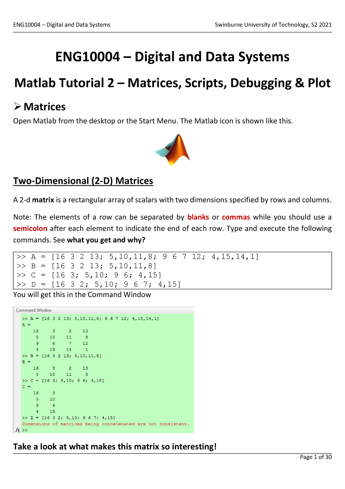 Eng10004-Laboratory-Note-Week02 - Eng10004 – Digital And Data Systems  Matlab Tutorial 2 – Matrices, - Studocu