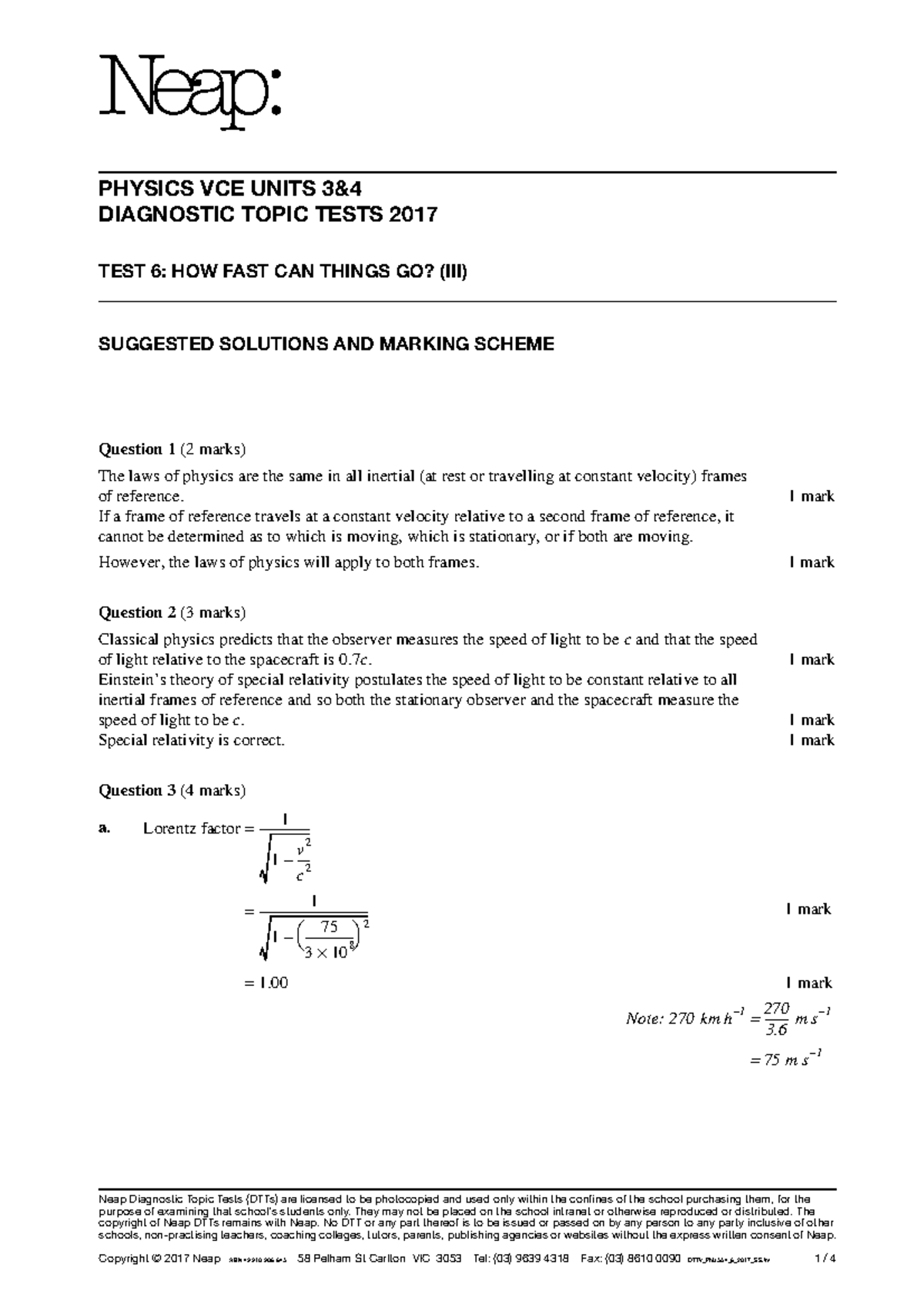 2017 neap topic 6 test solutions - PHYSICS VCE UNITS 3& DIAGNOSTIC ...