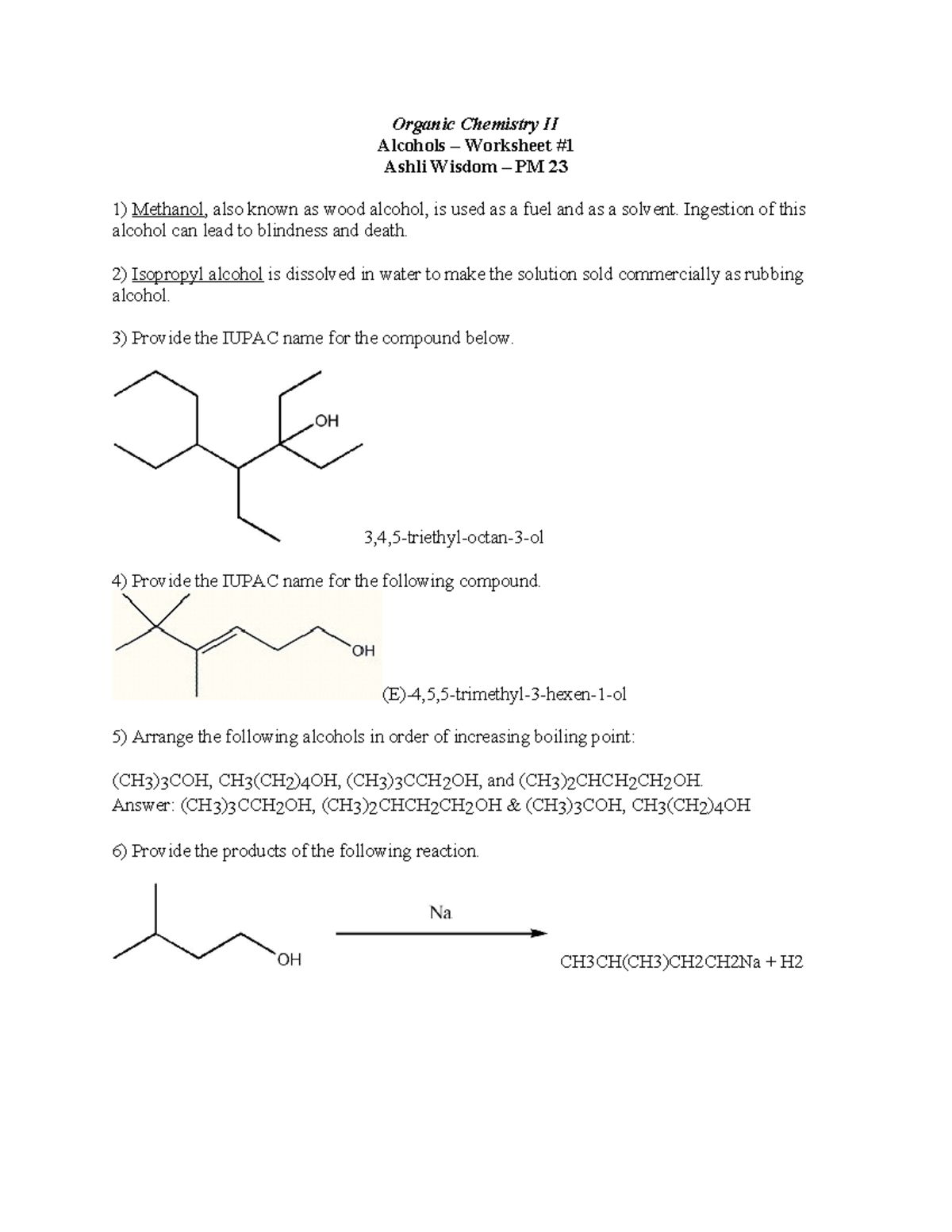 Alcohol Worksheet Tutorial Organic Chemistry Ii Alcohols