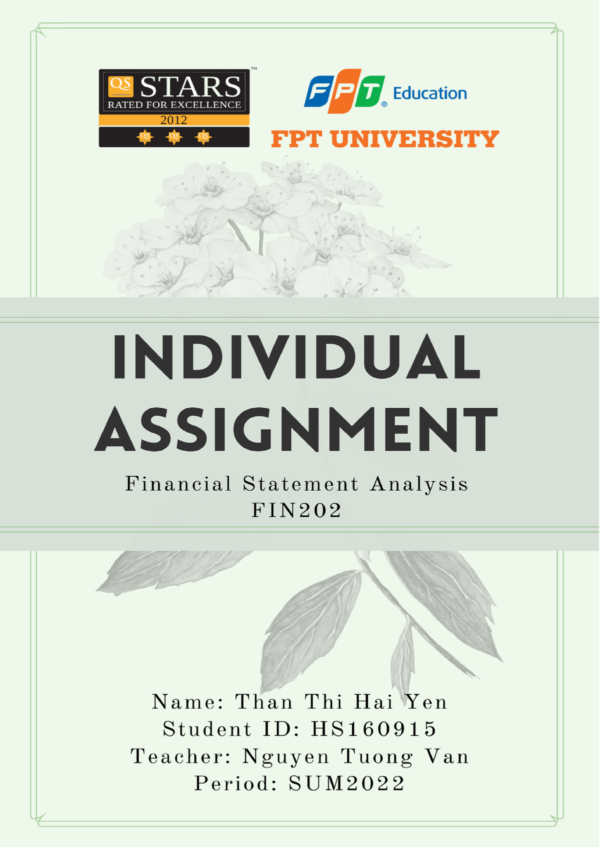 FIN202 Individual Assignment THÂN YẾN - Table Of Contents A I ...