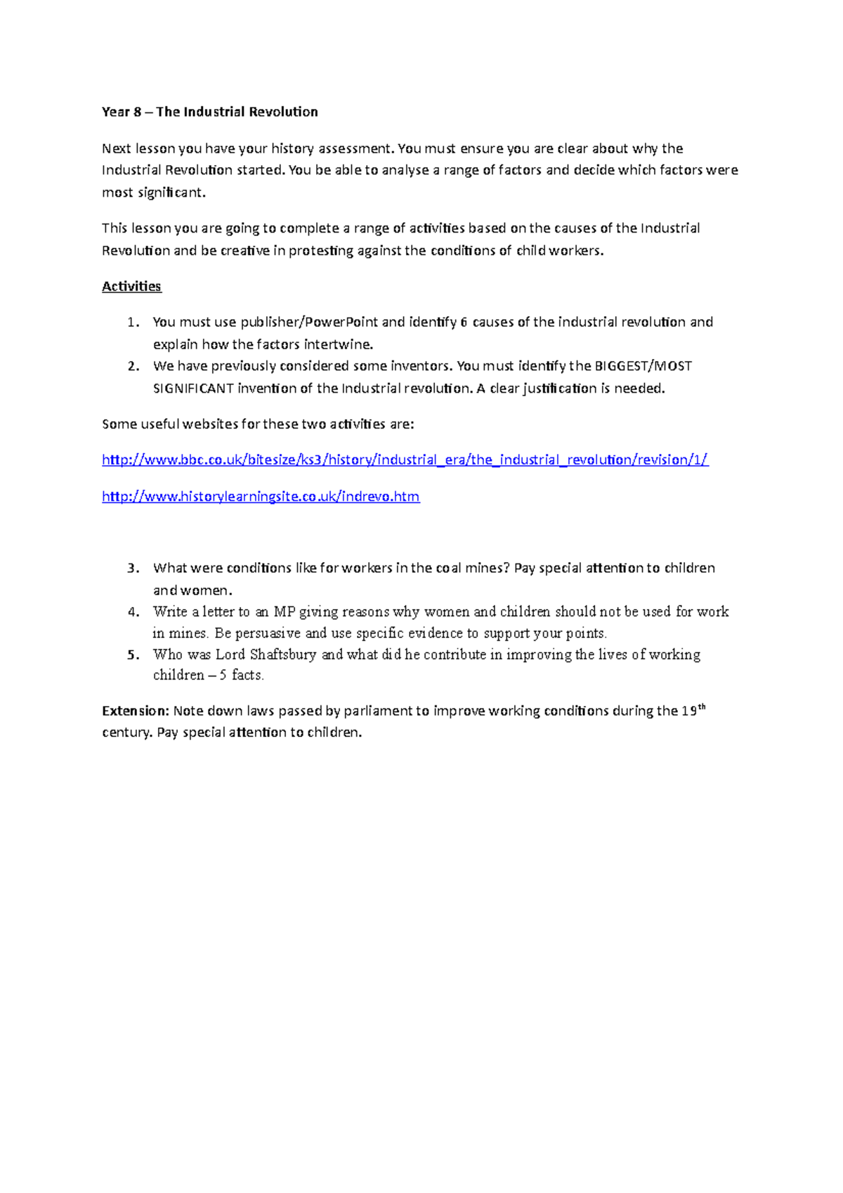 8S1 - Cube lesson - Industrial Rev overview - Year 8 – The Industrial ...