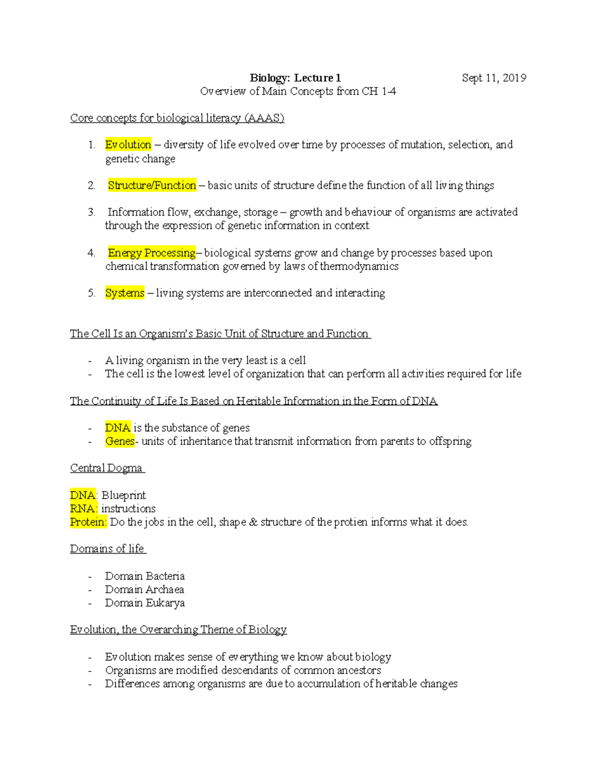 Biology- Lecture 1 - Notes - Biology: Lecture 1 Sept 11, 2019 Overview ...