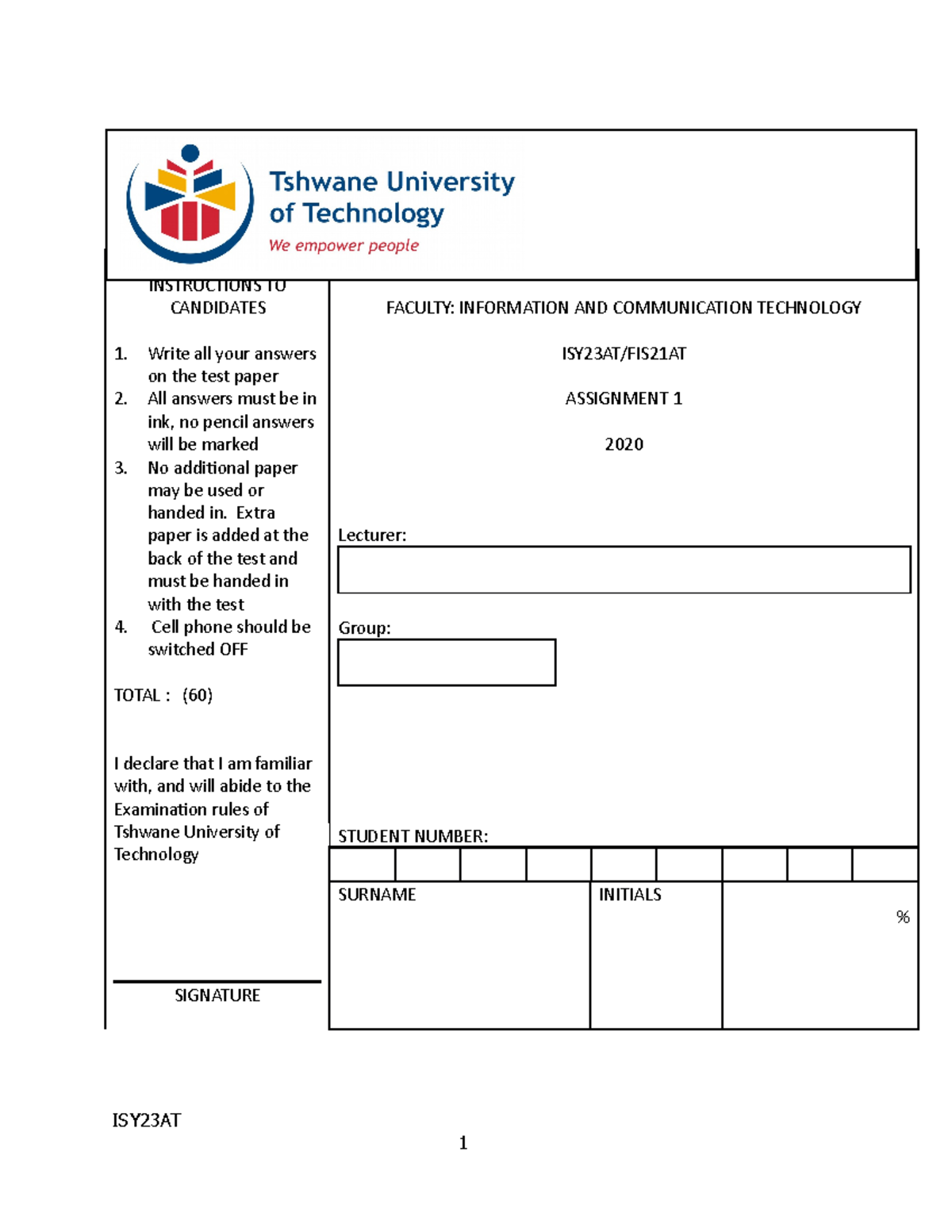 ISY23AT Assignment 1 - information systems - INSTRUCTIONS TO CANDIDATES ...