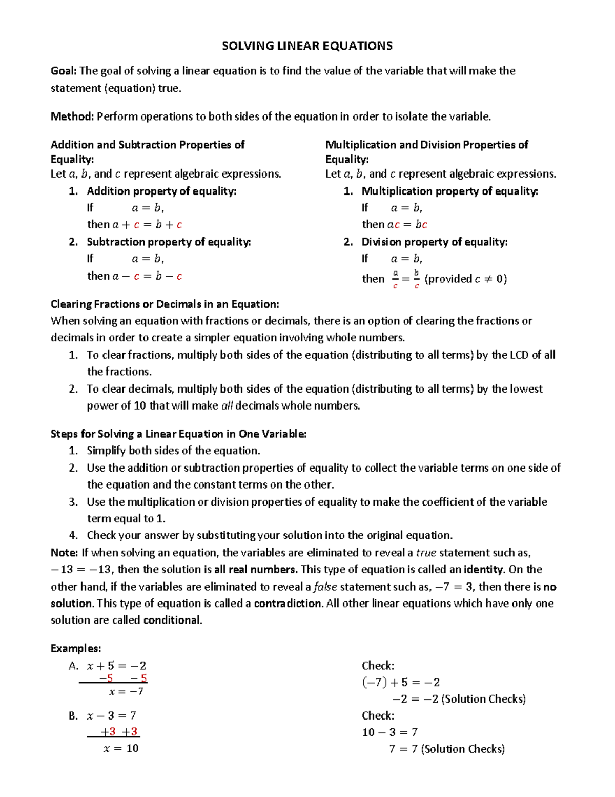 Solving Linear Equations - SOLVING LINEAR EQUATIONS Goal: The goal of ...